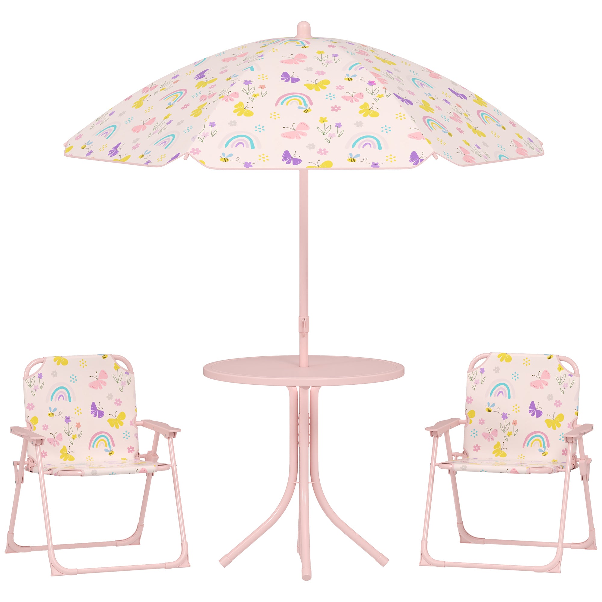 4 Pieces Kids Garden Table and Chair Set with Adjustable Parasol, Folding Chairs, Table, Rainbow Pattern, Pink