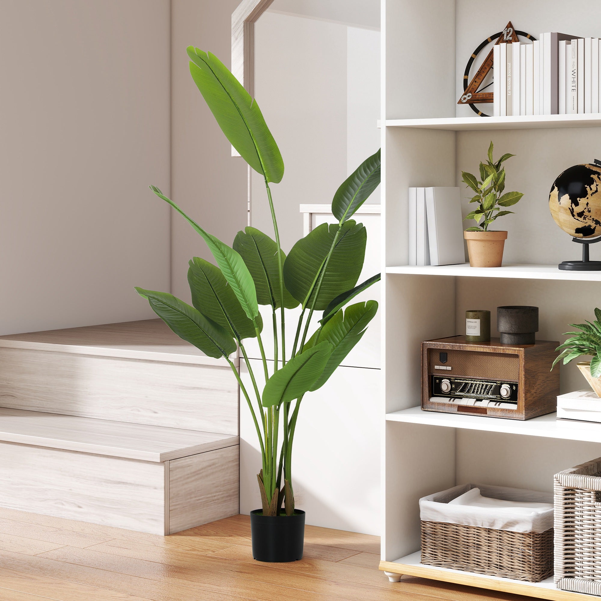 160cm Tall Artificial Bird of Paradise Plant, Faux Banana Leaf Tree with PEVA Leaves and Flocking, Decorative Palm Tree in Pot for Home Office Decor, Green