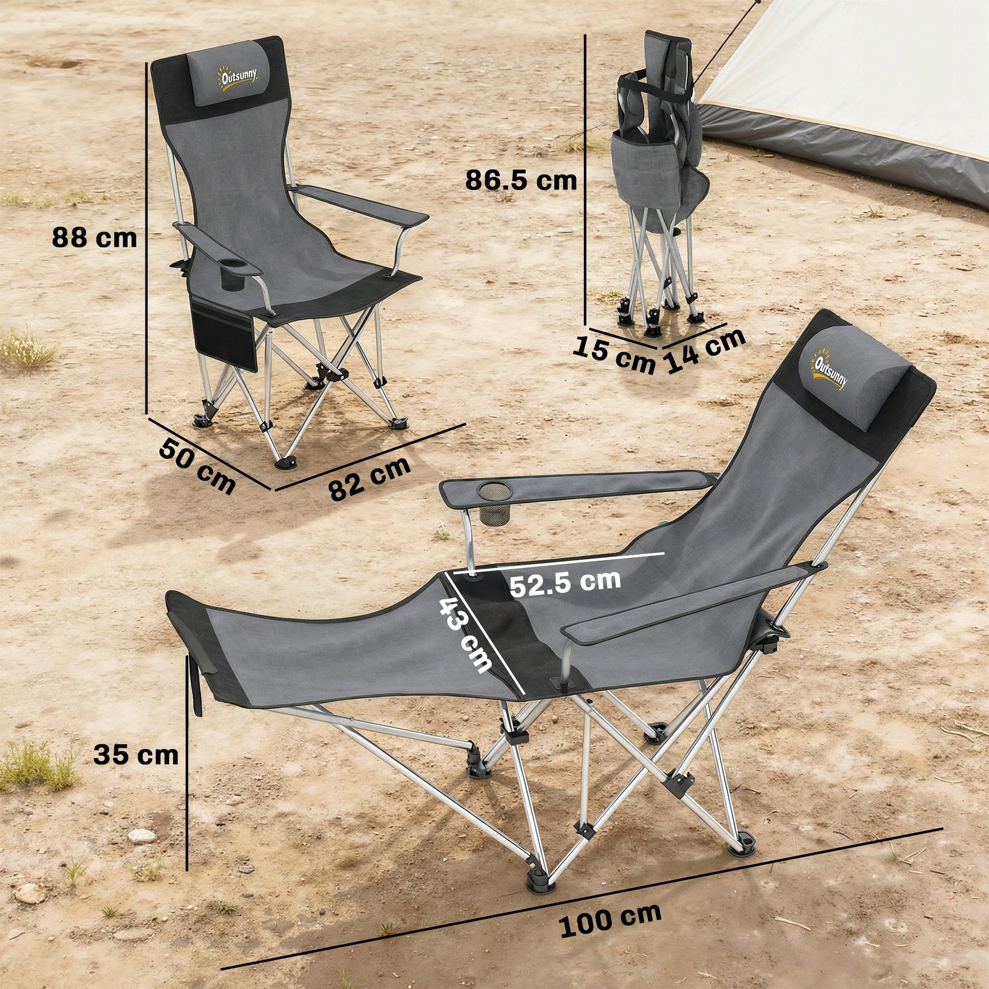 Set of 2 Reclining Folding Camping Chair w/ Detachable Footrest, Storage Bag, Cup Holder & Headrest, Lightweight Portable Camp Chair for Beach, Picnic, Grey and Black