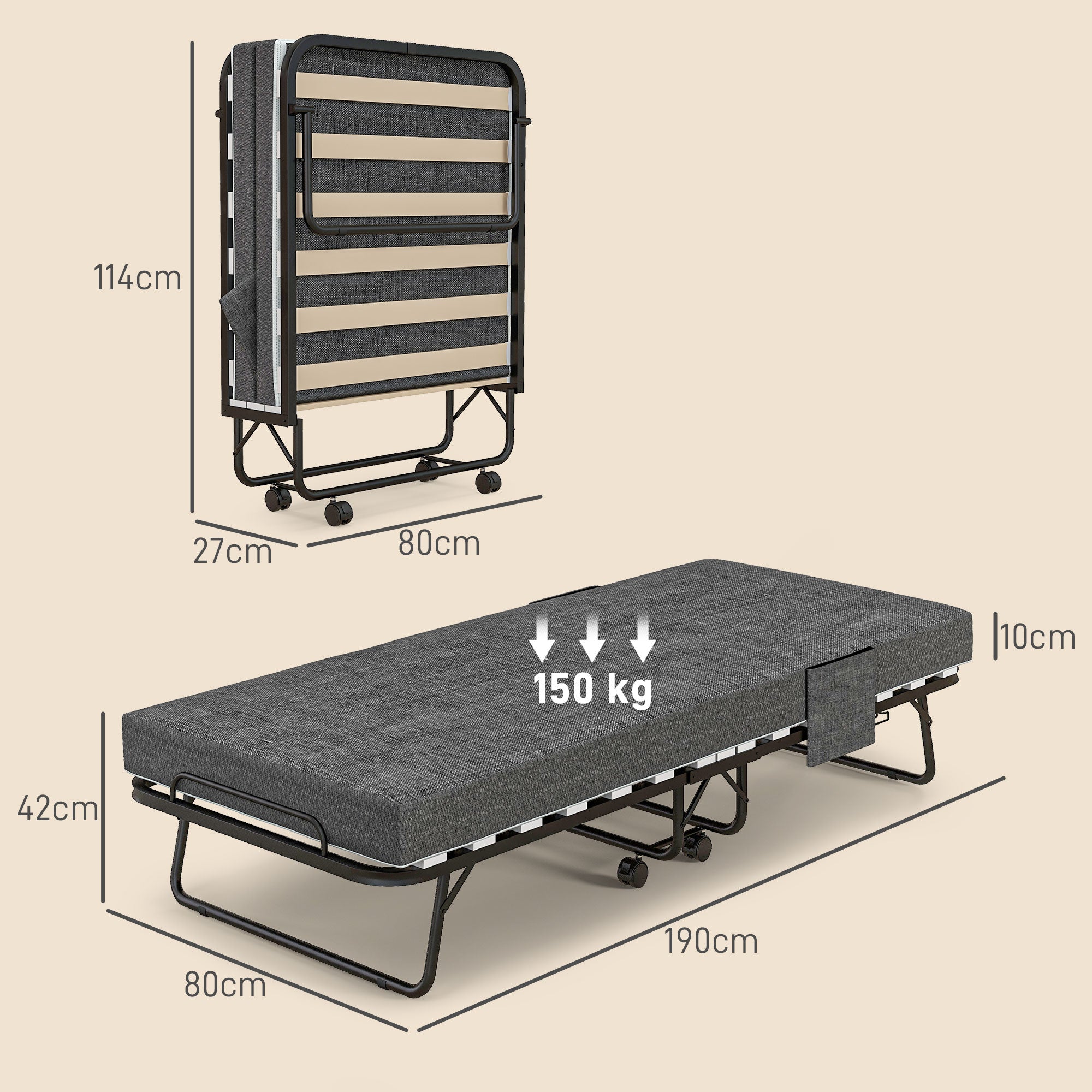 Folding Bed with Mattress, Foldable Guest Bed on Wheels, Portable Single Bed with 10cm Mattress, Side Pockets, Cover, 190 x 80cm, Dark Grey