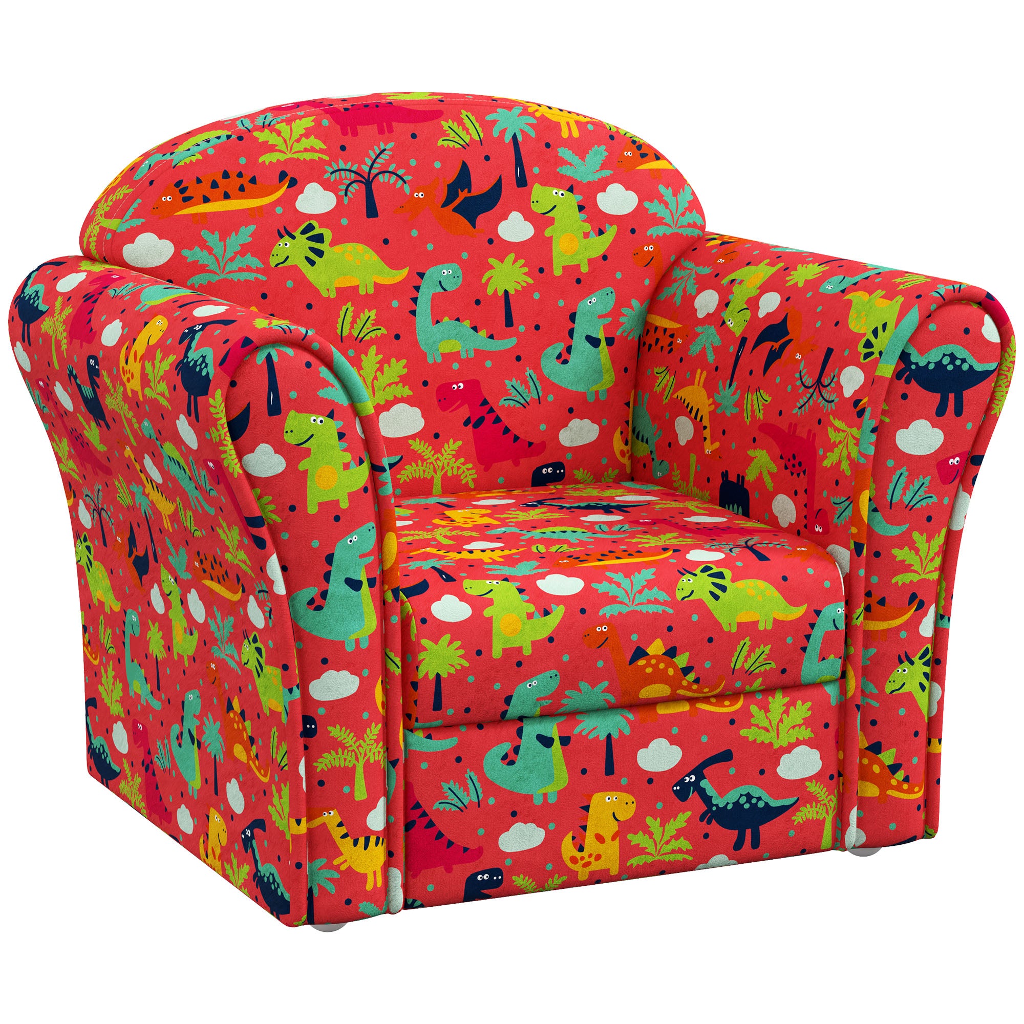 Kids Armchair with Dinosaur Design, Wooden Frame, for Bedroom, Playroom, Kids Room, Red