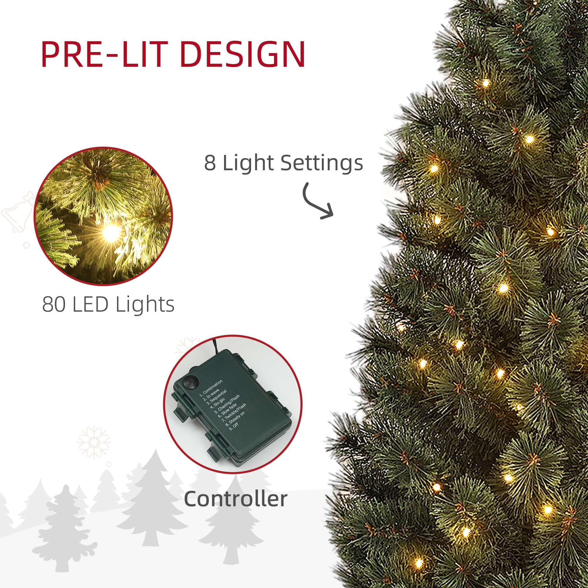 4ft Artificial Christmas Tree with 80 Warm White LED Lights, 8 Modes and Remote, Realistic Xmas Tree with Square Stand for Party Decoration, Green