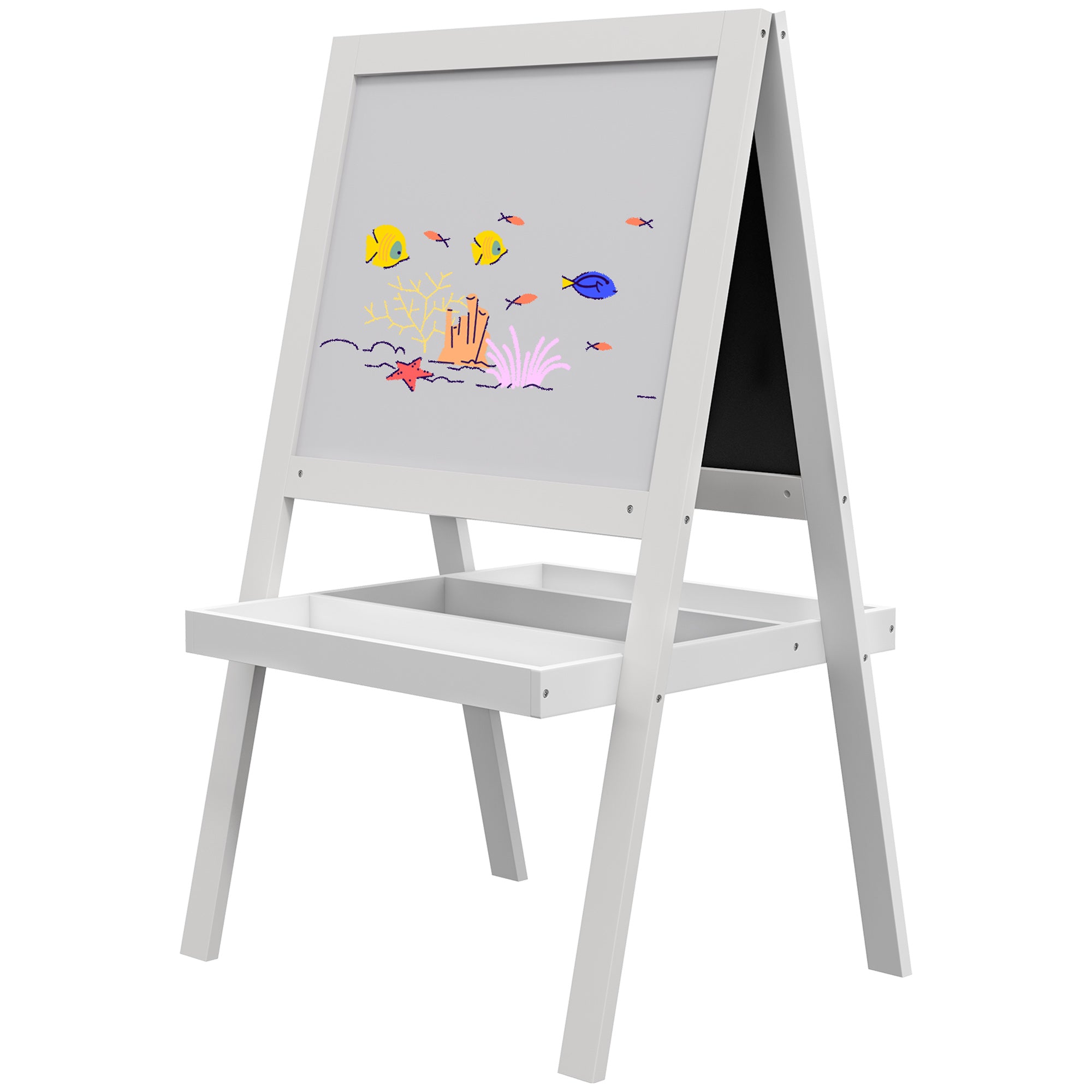 Kids Easel, Art Easel with Double Sided Whiteboard, Chalkboard, Storage, 2 in 1 Standing Easel for Toddlers 18-48 Months, White