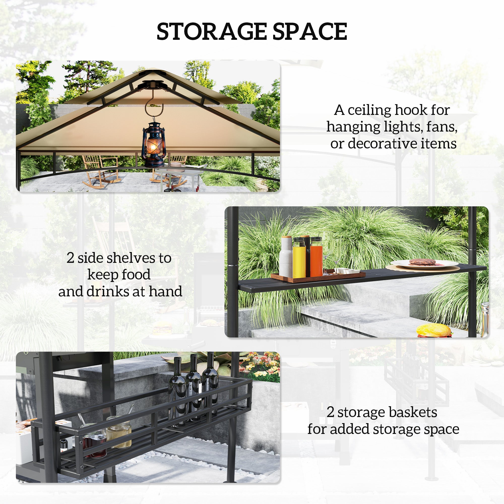 8 Foot Double Tiered BBQ Gazebo Canopy with Shelves and Storage - Beige