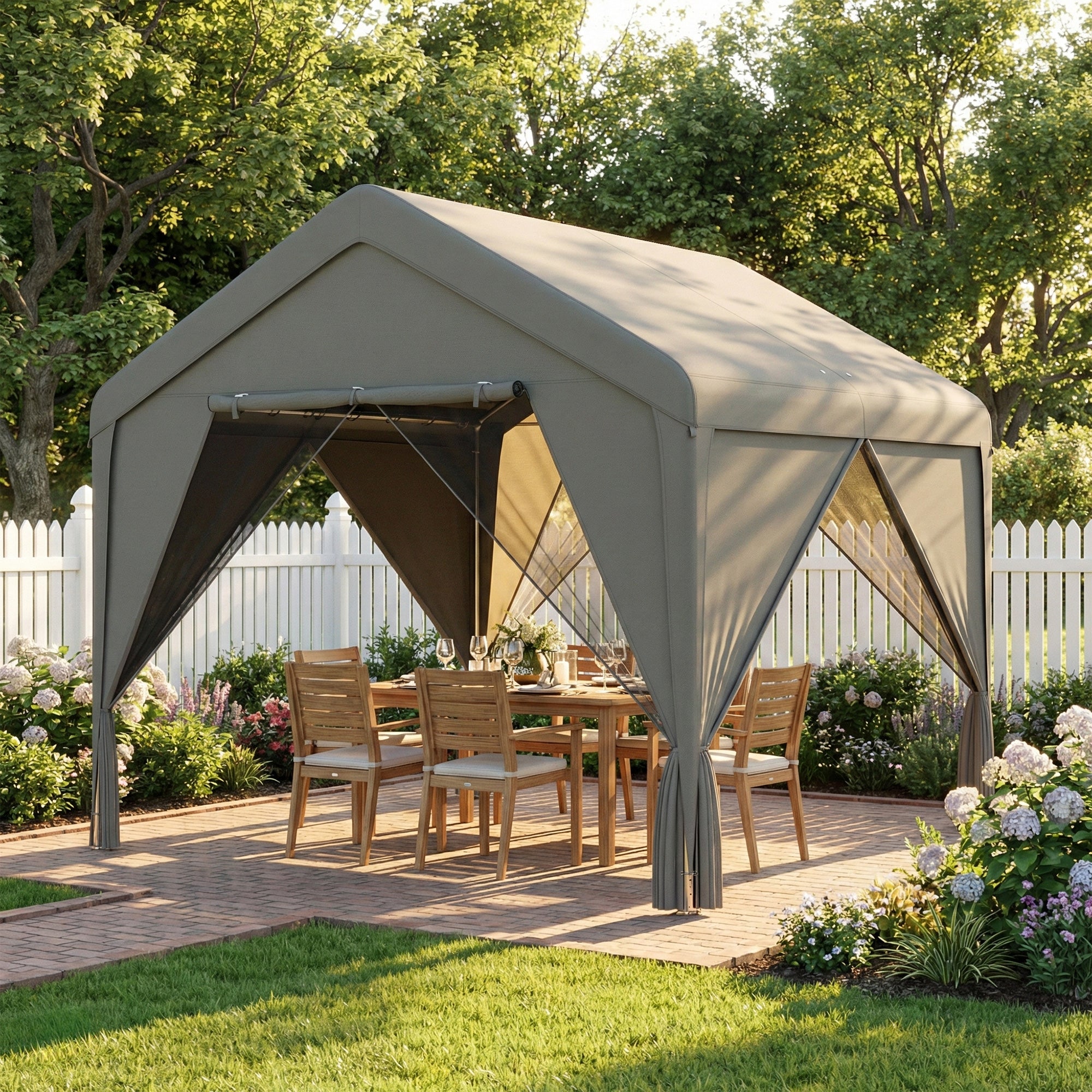 3 x 3 m Patio Gazebo with Netting & Curtains, Outdoor Canopy Shelter with Galvanised Steel Frame, Dark Grey