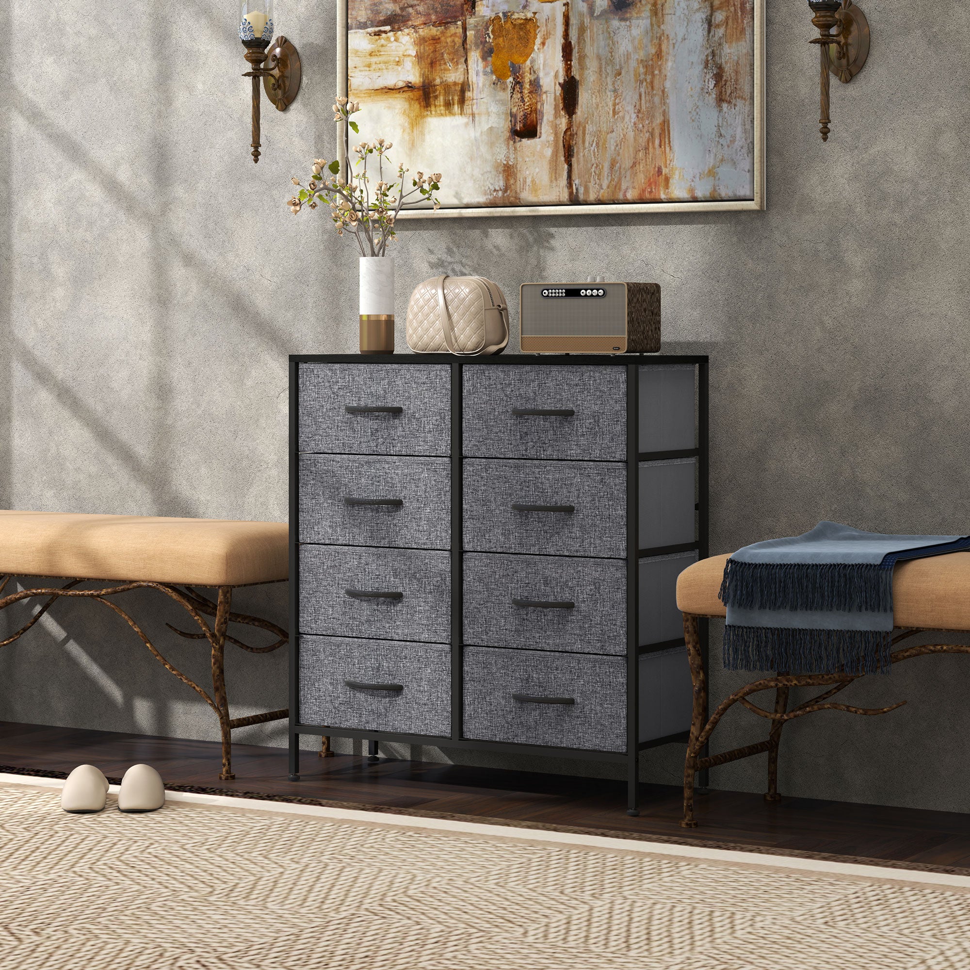 Fabric Chest of Drawers, Storage Drawers, Industrial Bedroom Dresser with 8 Fabric Drawers, Steel Frame and Wooden Top for Nursery, Living Room, Hallway, Black