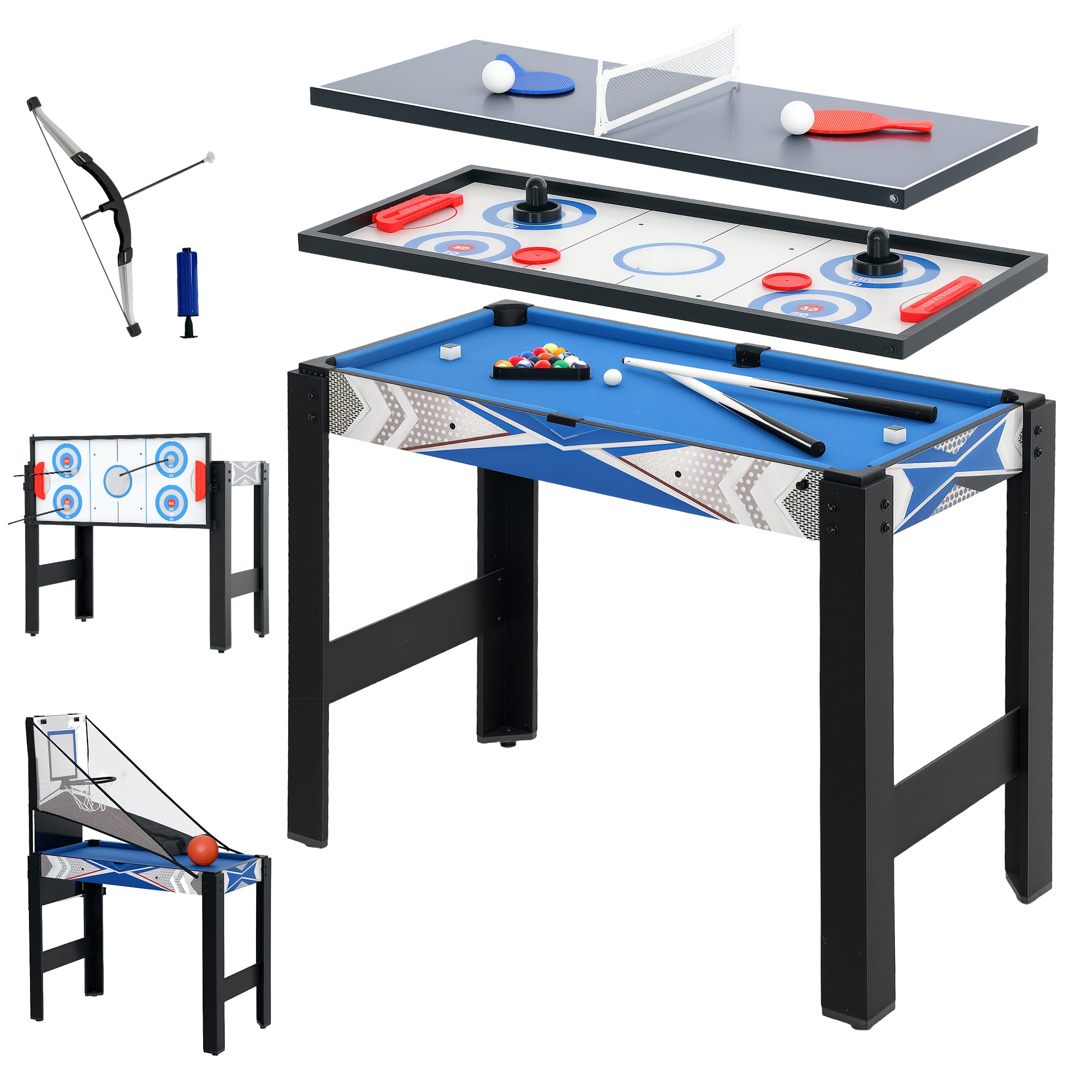 5 in 1 Multi Games Table Combo Sports Game Table for Kids, Mini Pool Table, Table Tennis Table, Hockey Table, Basketball Arcade Game, Bow and Arrow, Blue