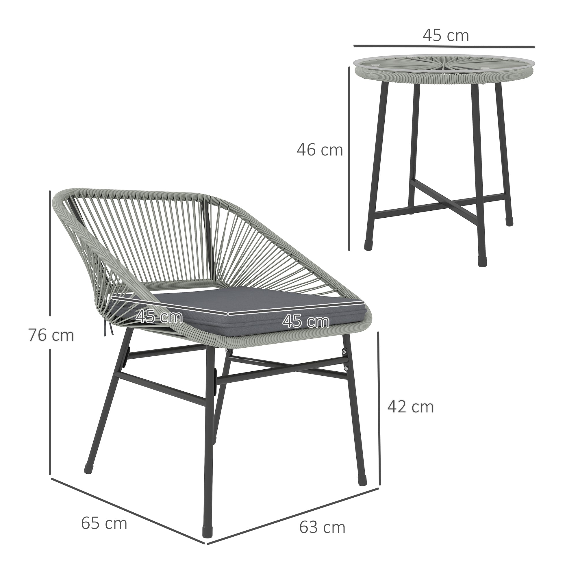 3 Piece Light Grey Rattan Bistro Set with Cushions and Glass Table