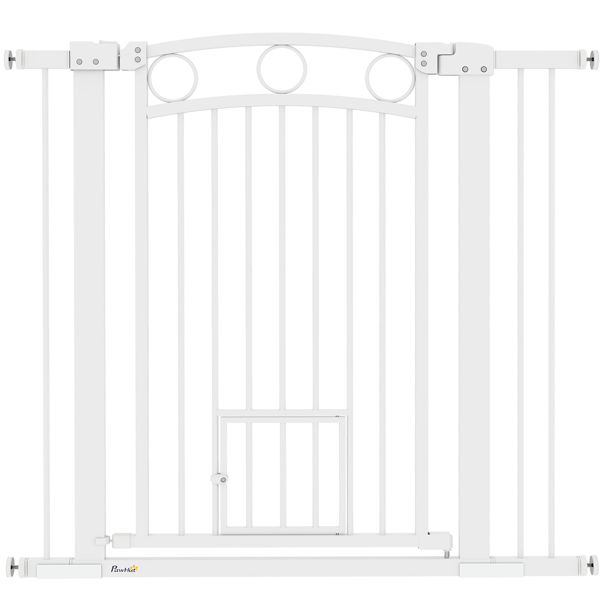 96cm Tall Dog Gate with Cat Door, 7cm and 14cm Extensions, for Stairs & Doorways, 76-104cm Width