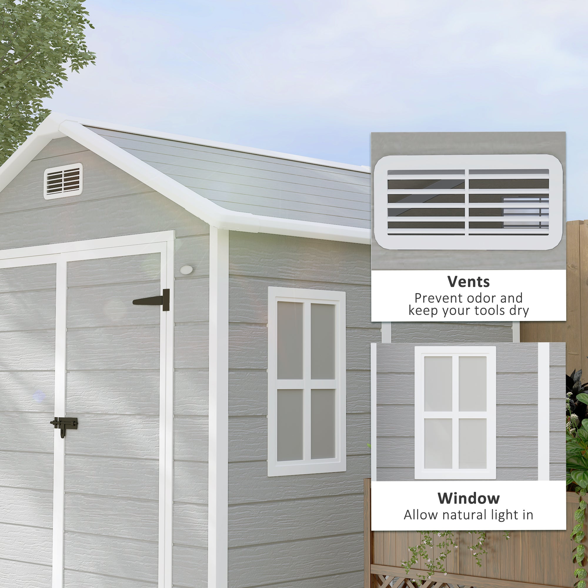 6 x 5ft Wood Effect Resin Garden Shed with Floor and Lockable Doors - Light Grey