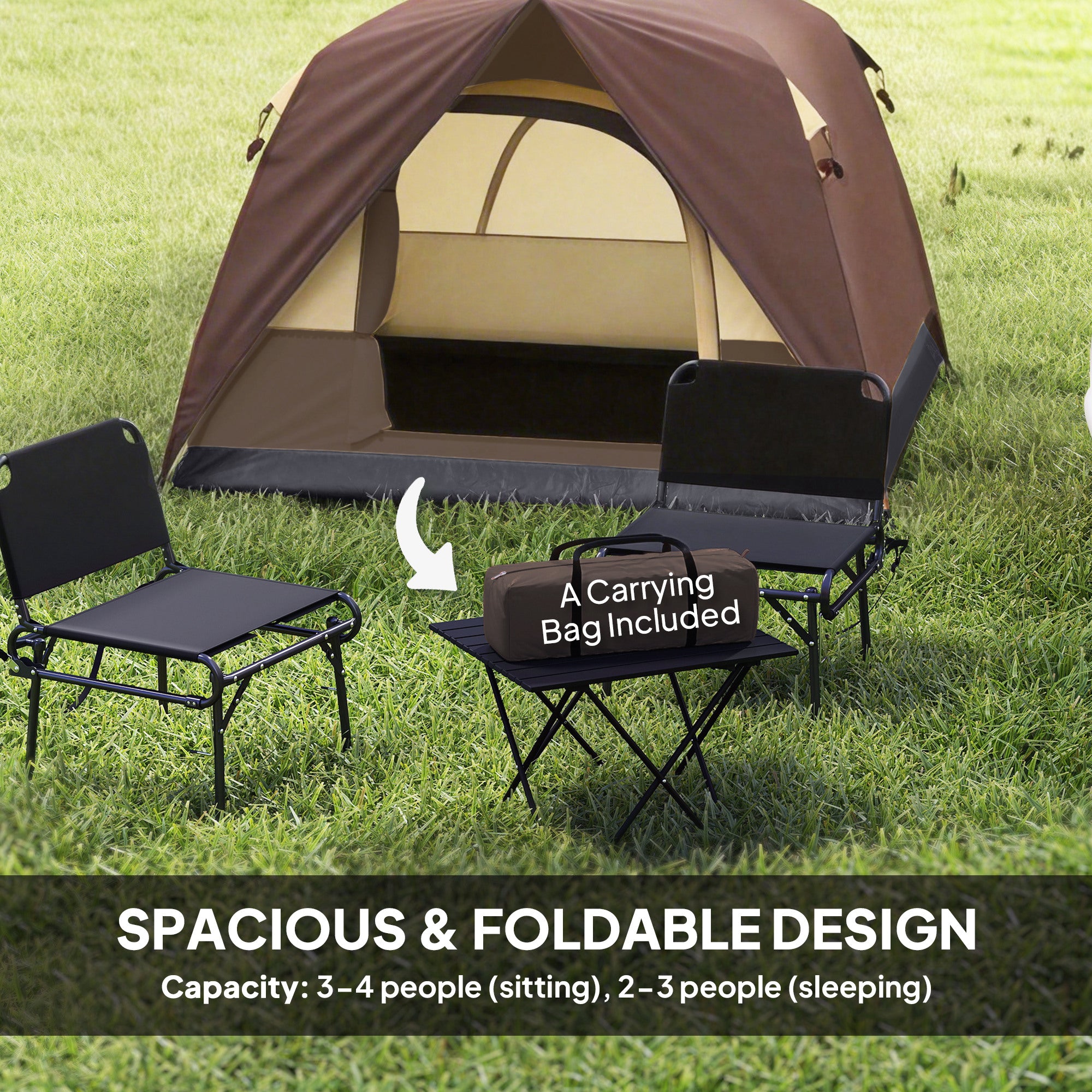 3-4 Person Camping Tent, Easy Set Up 3-4 Man Tent w/ Sewn-in Groundsheet, Waterproof Dome Tent w/ Mesh Windows, Brown
