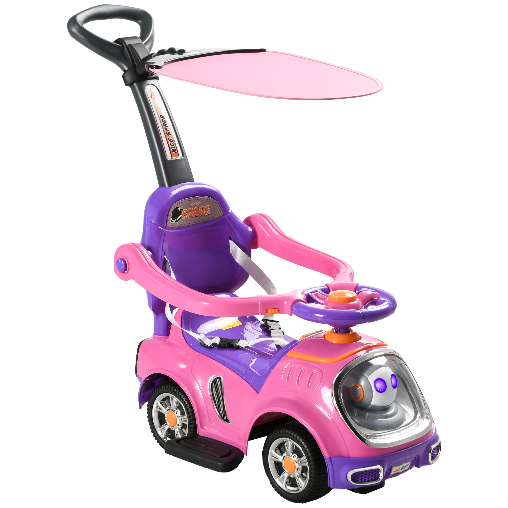 3 in 1 Ride on Push Car, Cartoon Robot Theme Foot to Floor Slider w/ Handle Light Music Horn, Storage - Pink