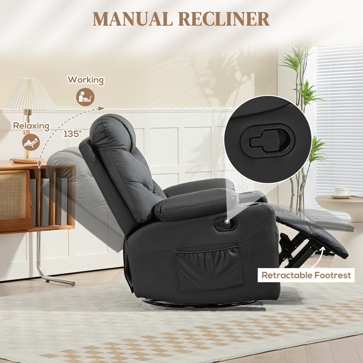 Manual Reclining Swivel Armchair with Footrest, Cup Holders, 86x93x102cm - Black