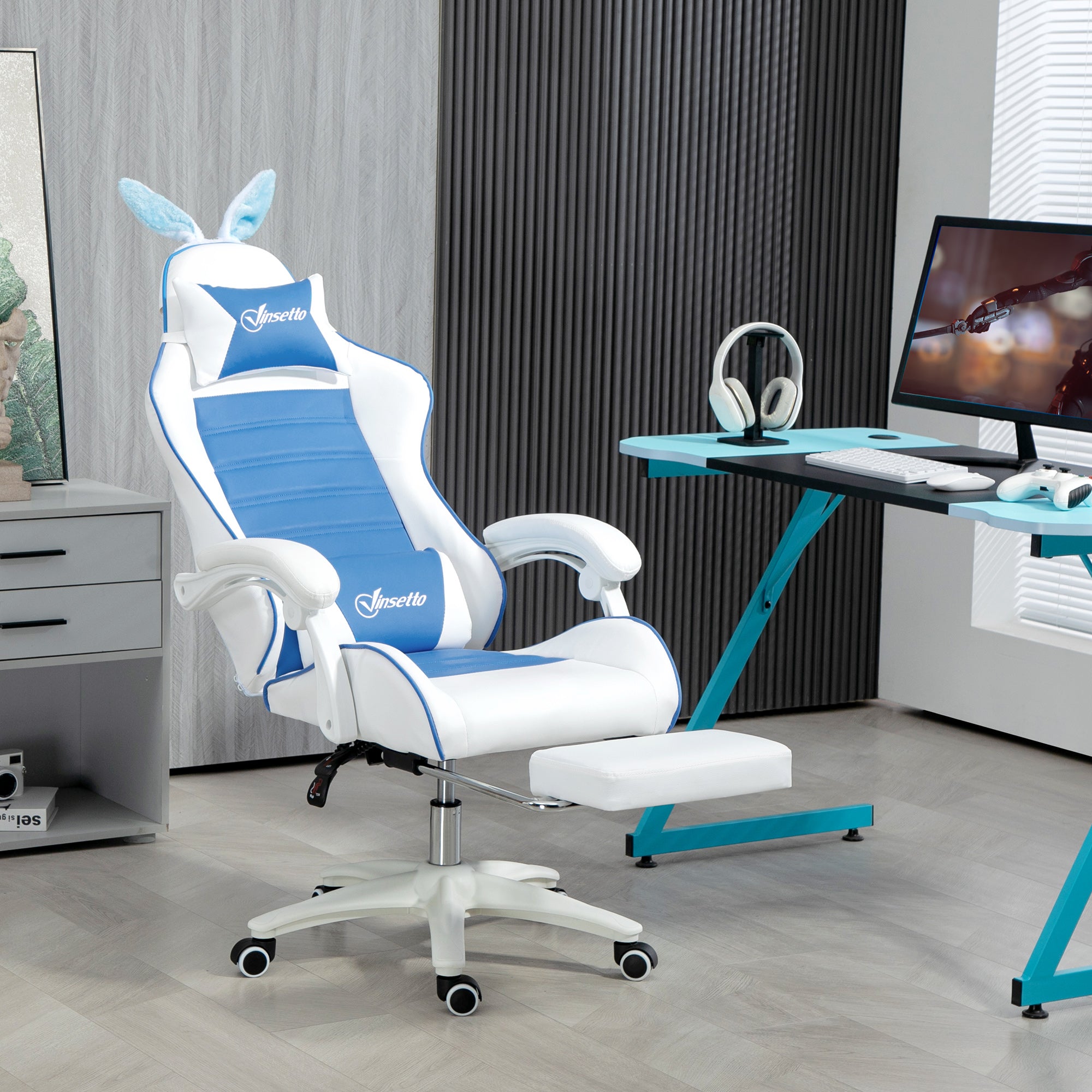 Racing Gaming Chair, Reclining PU Leather Computer Chair with Removable Rabbit Ears, Footrest and Lumber Support, Blue