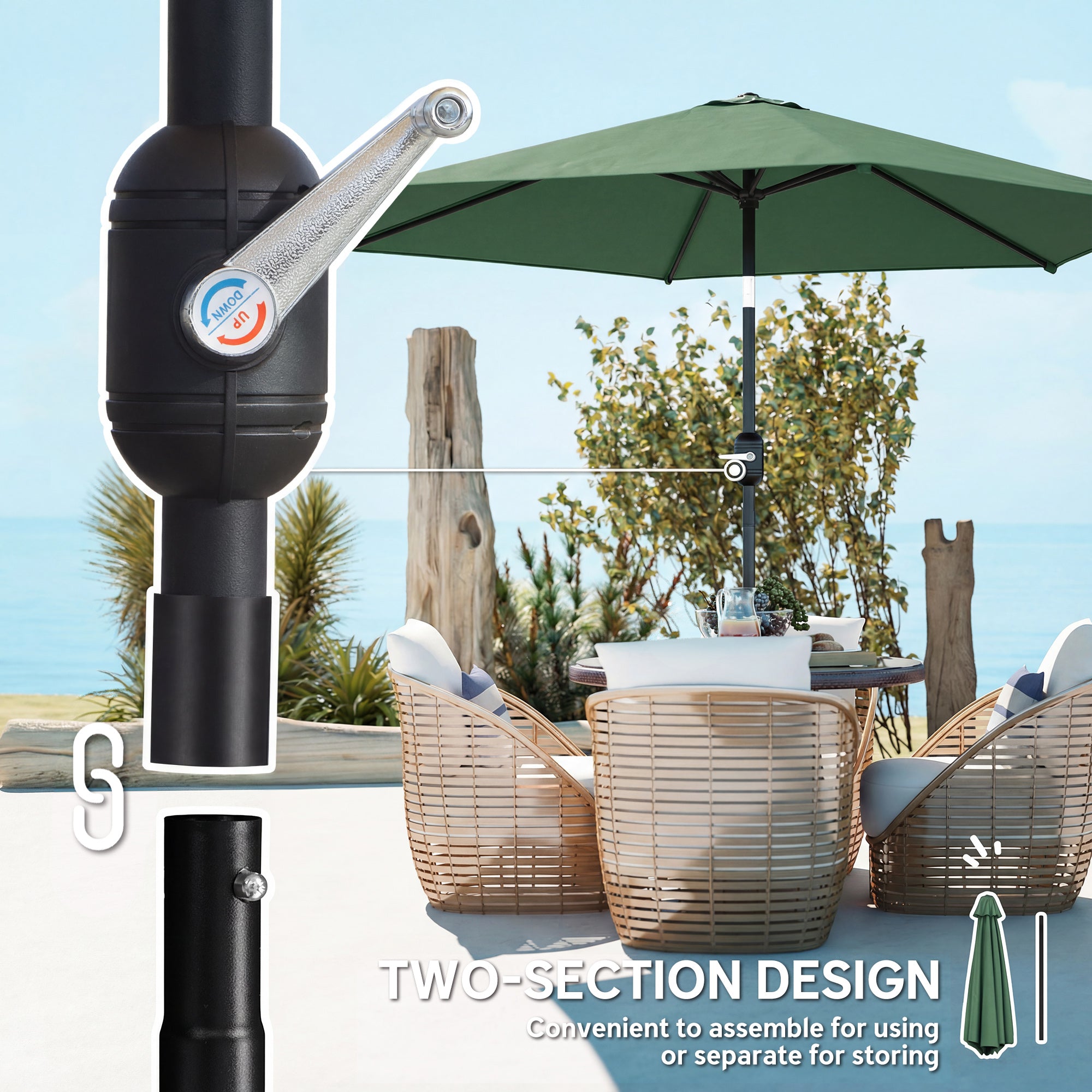 2.6 m Garden Parasol Umbrella with Aluminium Pole, Outdoor Patio Umbrella with Tilt and Crank, Vent, Dark Green