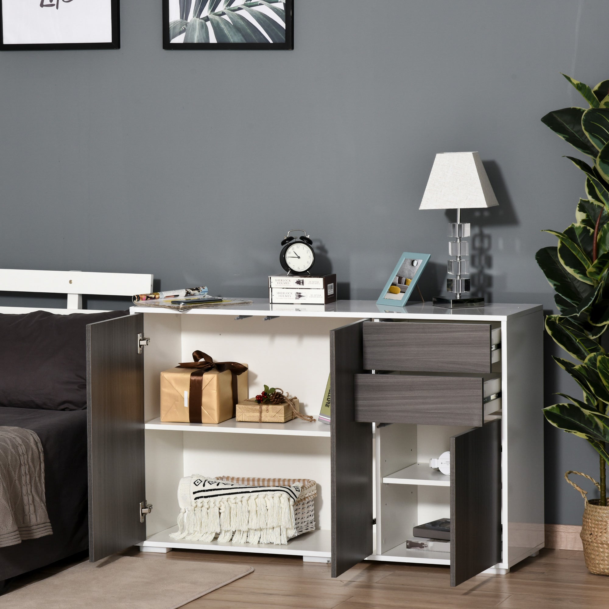 High Gloss Frame Sideboard, Side Cabinet, Push-Open Design with 2 Drawer for Living Room, Bedroom, Light Grey and White