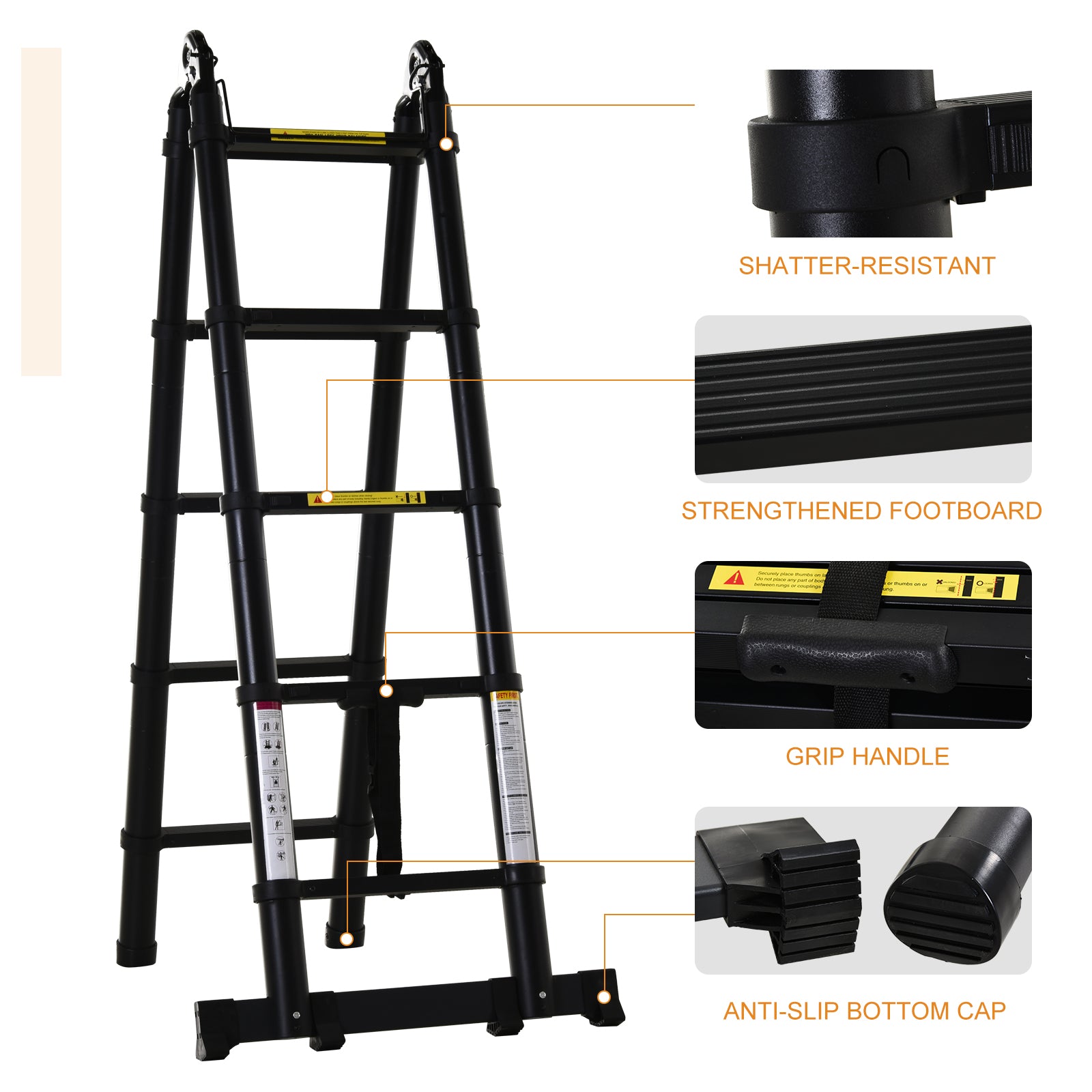 3.2m/10.5ft Telescopic Ladder, Extendable Aluminium Ladder with Anti-slip Pedals, Multi-purpose Portable Foldable 10 Step Ladder, 150kg Capacity, EN131, Black