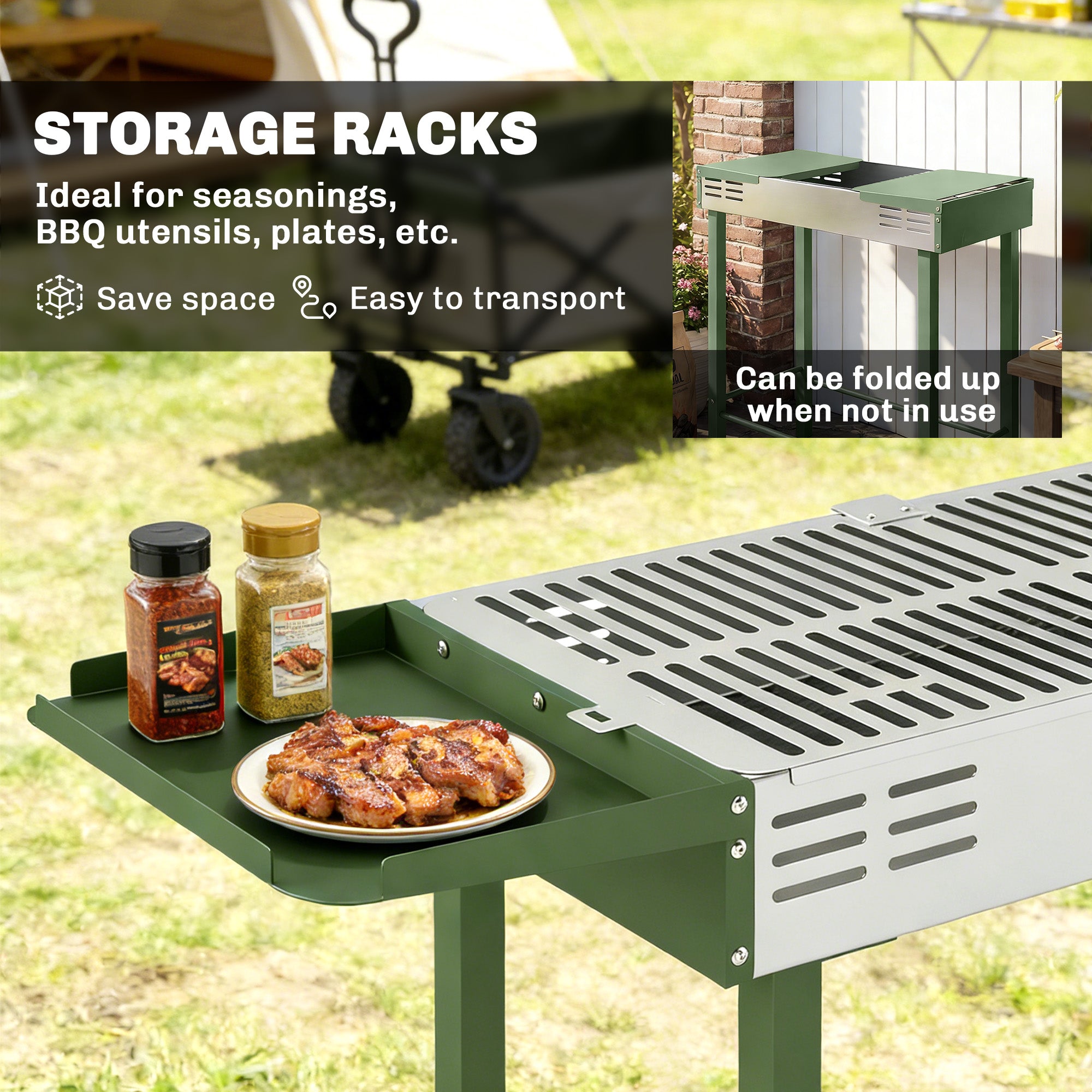 BBQ Rotisserie Grill Roaster Charcoal Spit Roasting Machine for Chicken Turkey with 3-Level Grill Grate, Side Shelves, Dark Green
