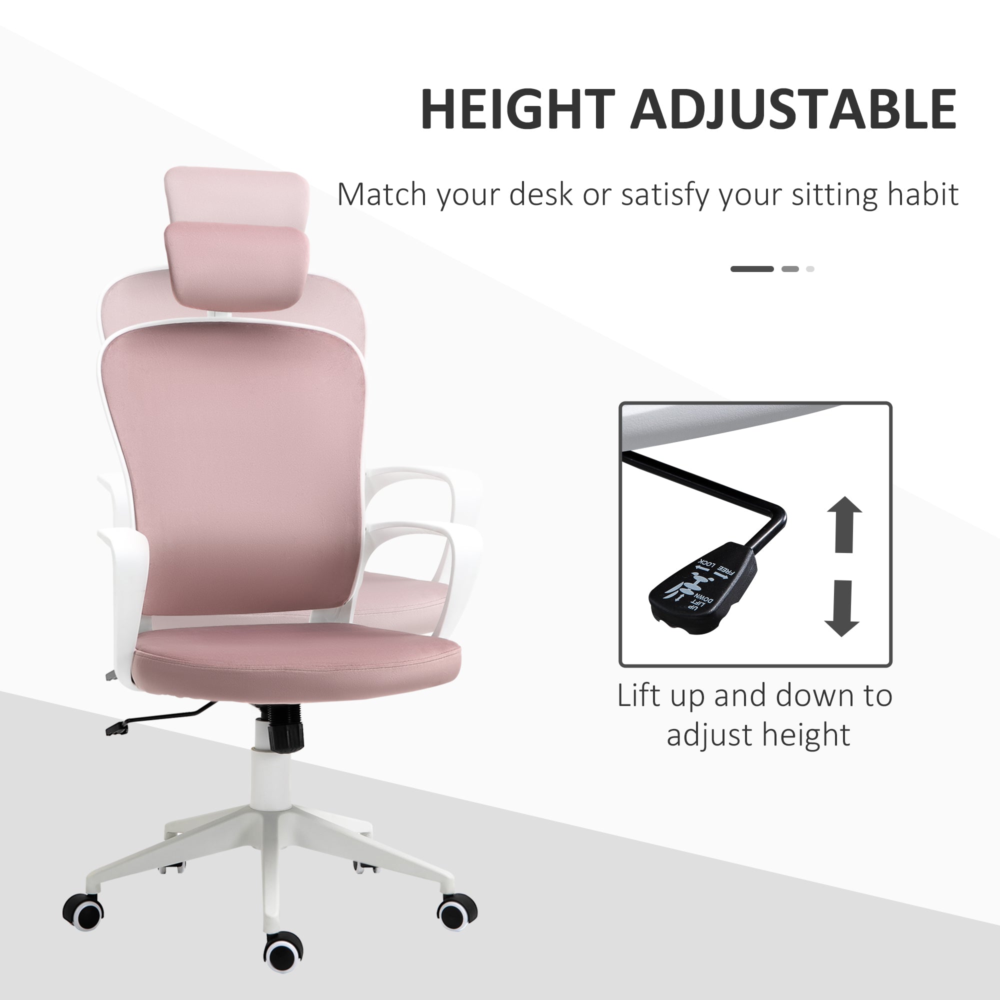 Office Chair, Ergonomic Desk Chair, High Back Velvet Fabric Computer Chair with Adjustable & Liftable Headrest for Home, Pink