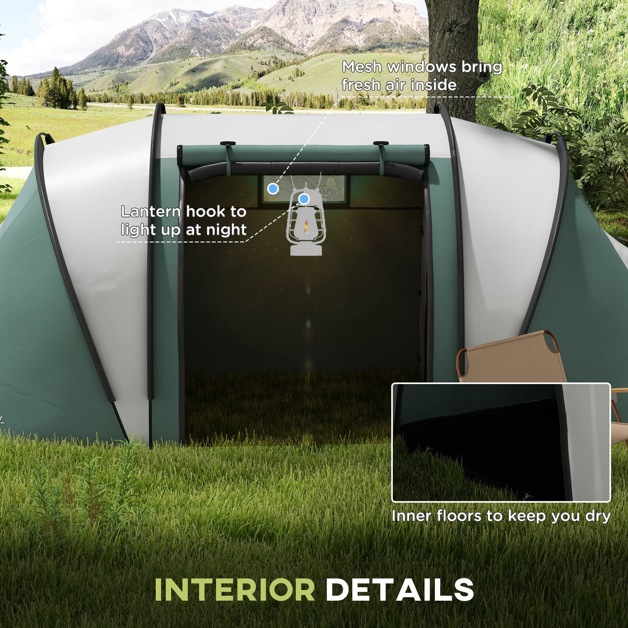 Camping Tent with 2 Bedrooms and Living Area, 3000mm Waterproof Family Tent, for Fishing Hiking Festival, Dark Green