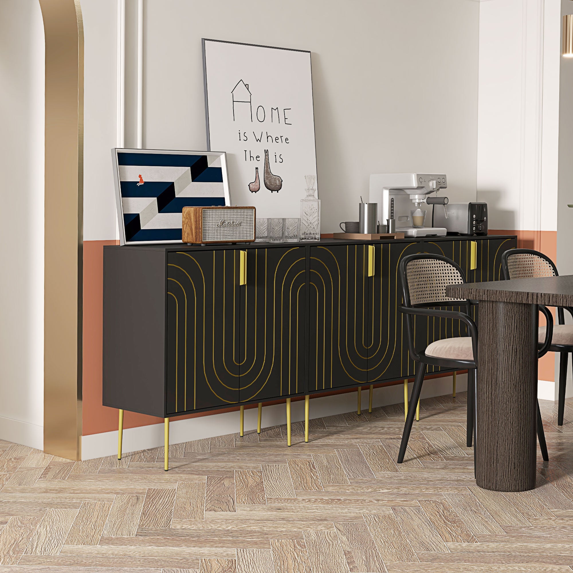 Art Deco Inspired Sideboard, with Adjustable Shelf - Black/Gold Tone