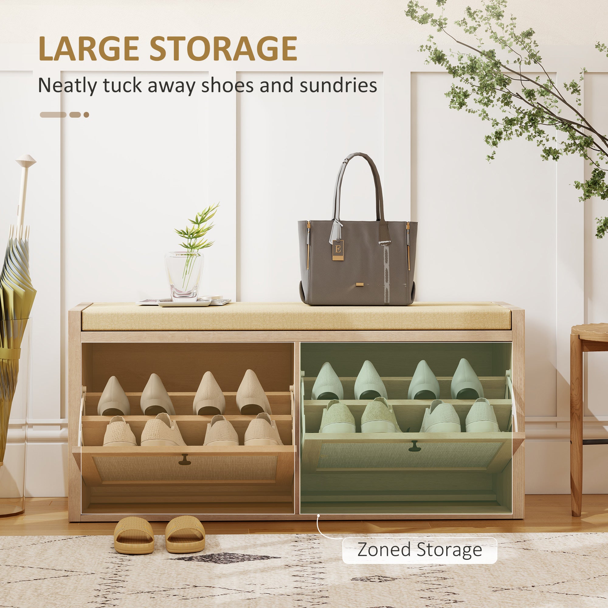 Rattan Shoe Bench with Padded Cushion and 2 Cabinets for Hidden Storage, Oak Wood Effect