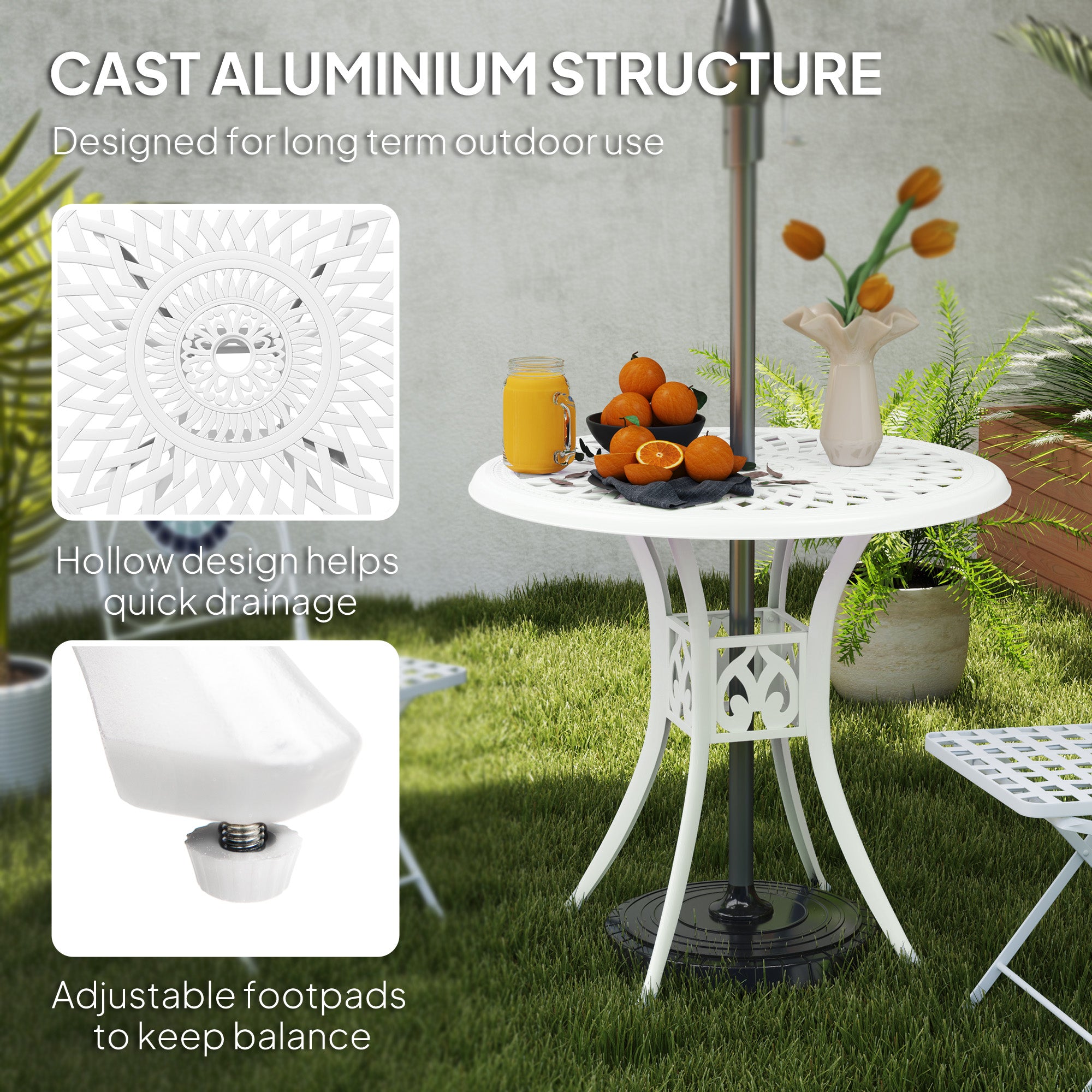 78 cm Round Garden Dining Table with Parasol Hole - White Cast Aluminium