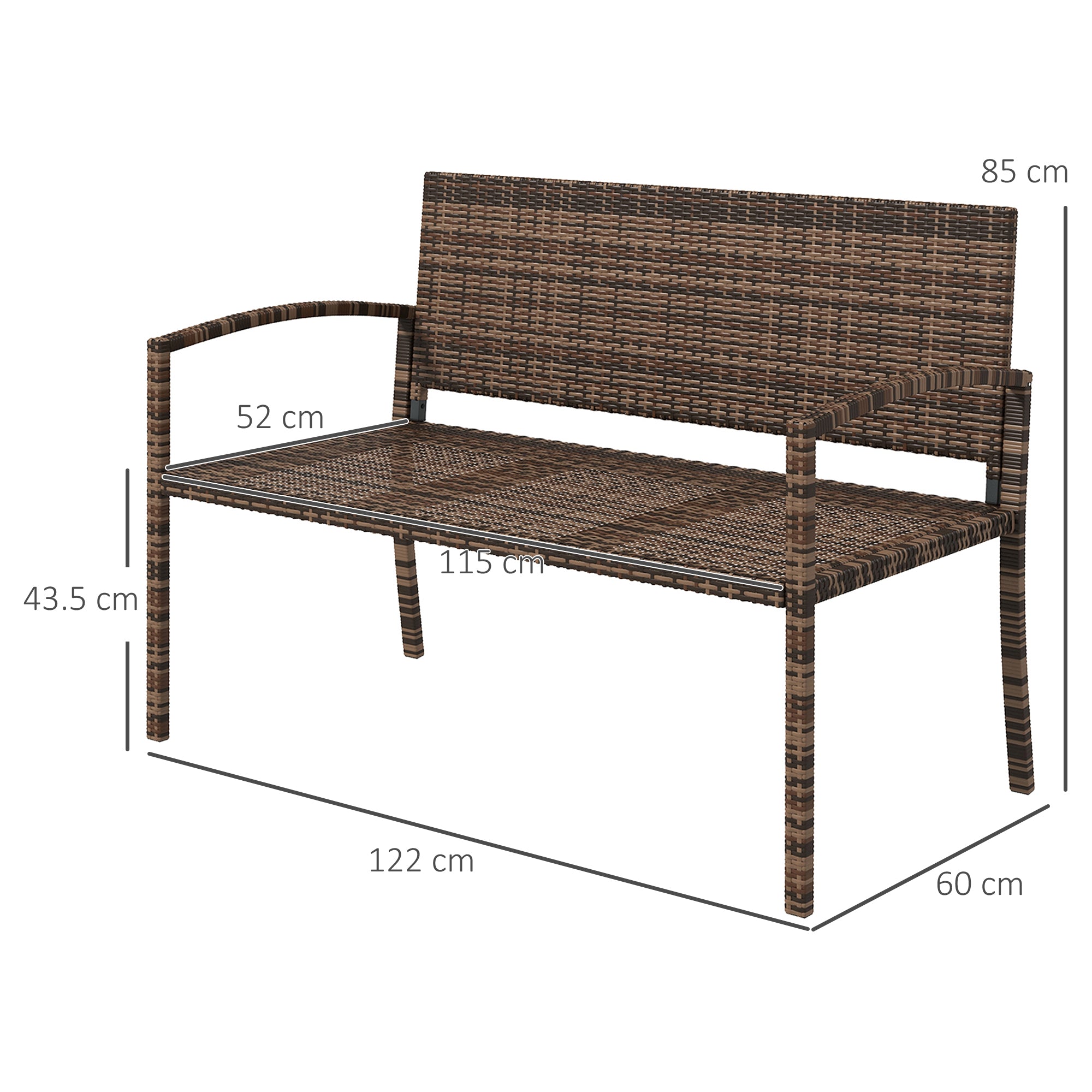 All Weather Wicker Garden Loveseat, 2 Seater Poly Rattan Garden Bench, Outdoor Seating Bench Brown