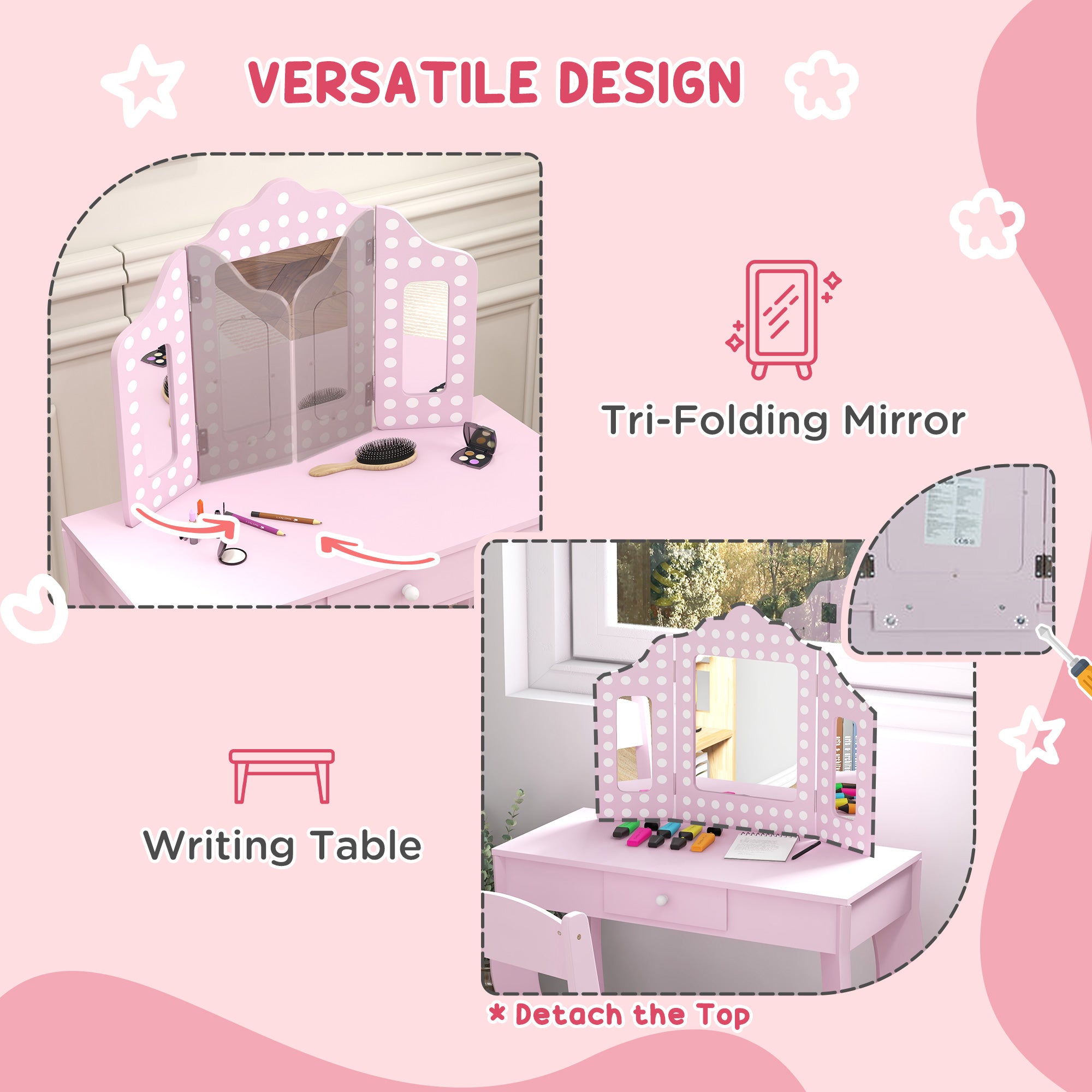 Kids Dressing Table Sets with Stool and Tri-Fold Mirror, Drawer for Playroom, Bedroom - Pink