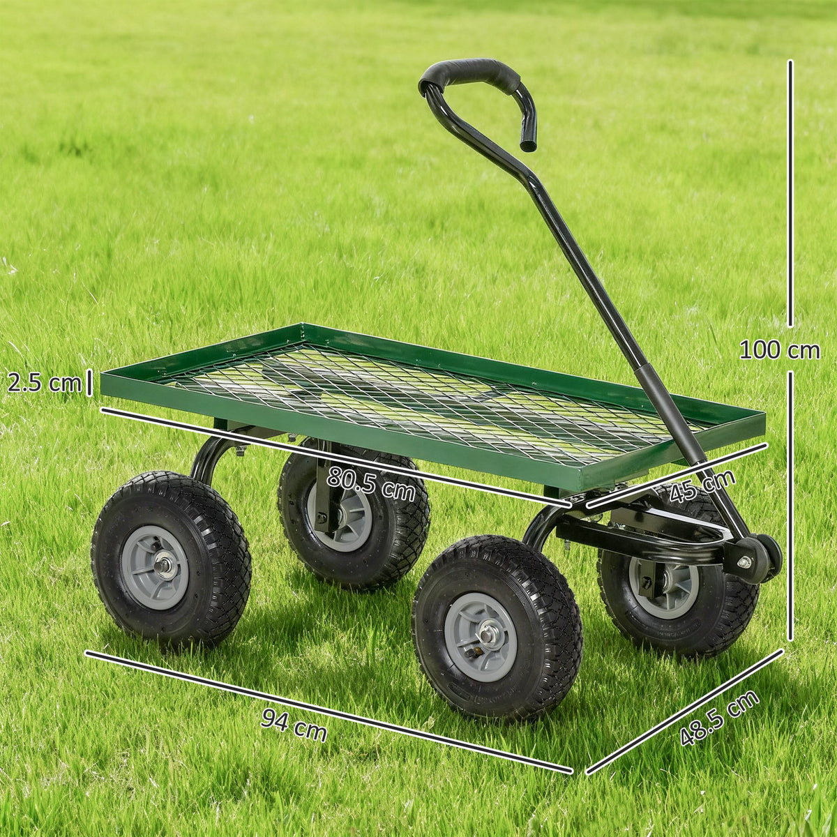 Garden Trolley Cart, Heavy Duty Garden Cart with Metal Frame, 10" Pneumatic Wheels, Rotating Handle, 150kg Capacity, for Garden, Farm, Green