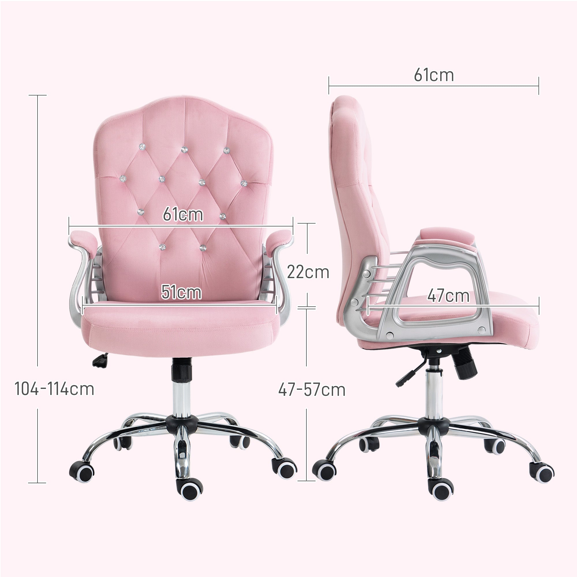 Velvet-Feel Work Chair, with Diamante Back - Pink