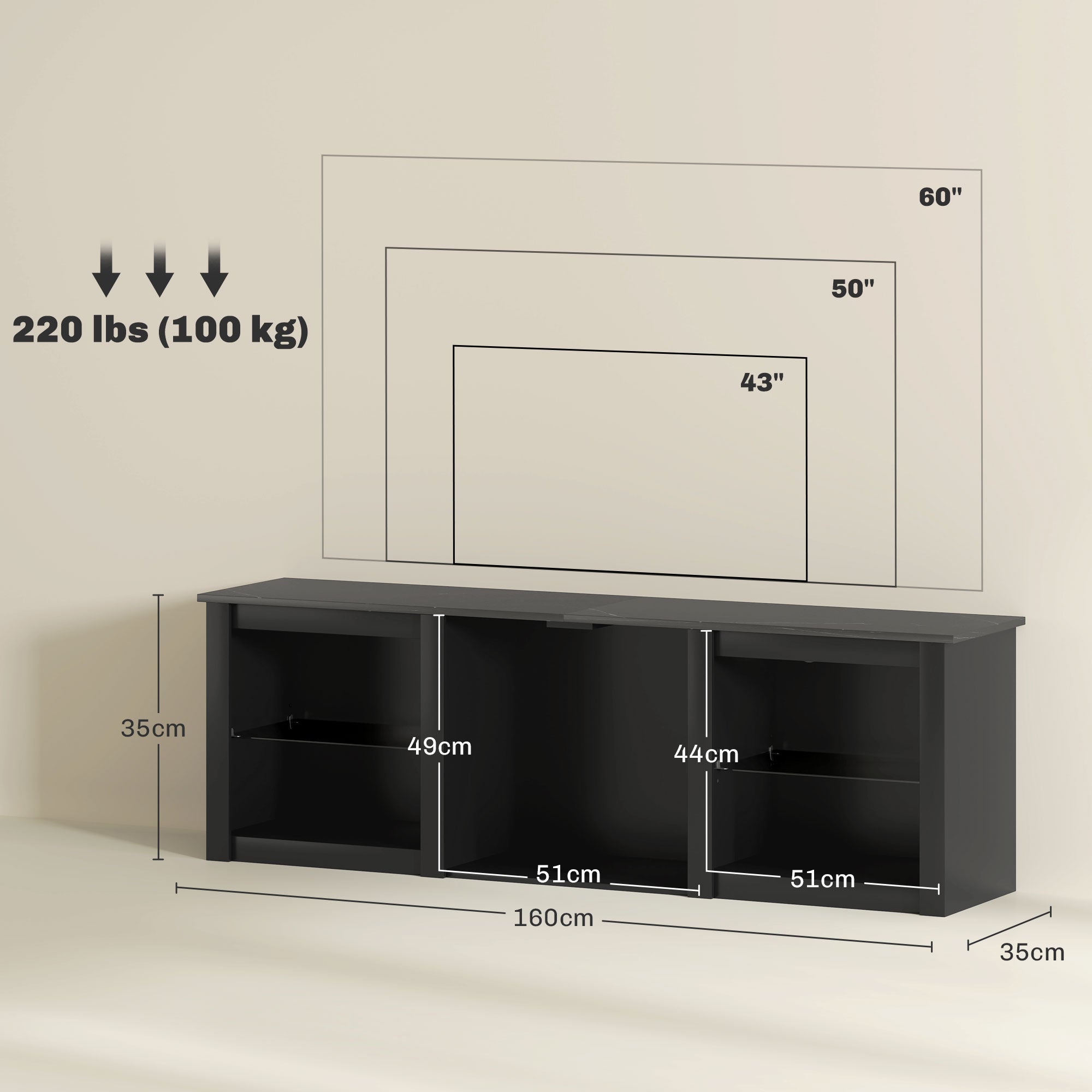 65" TV Stand, with LED Lights and Storage - Black