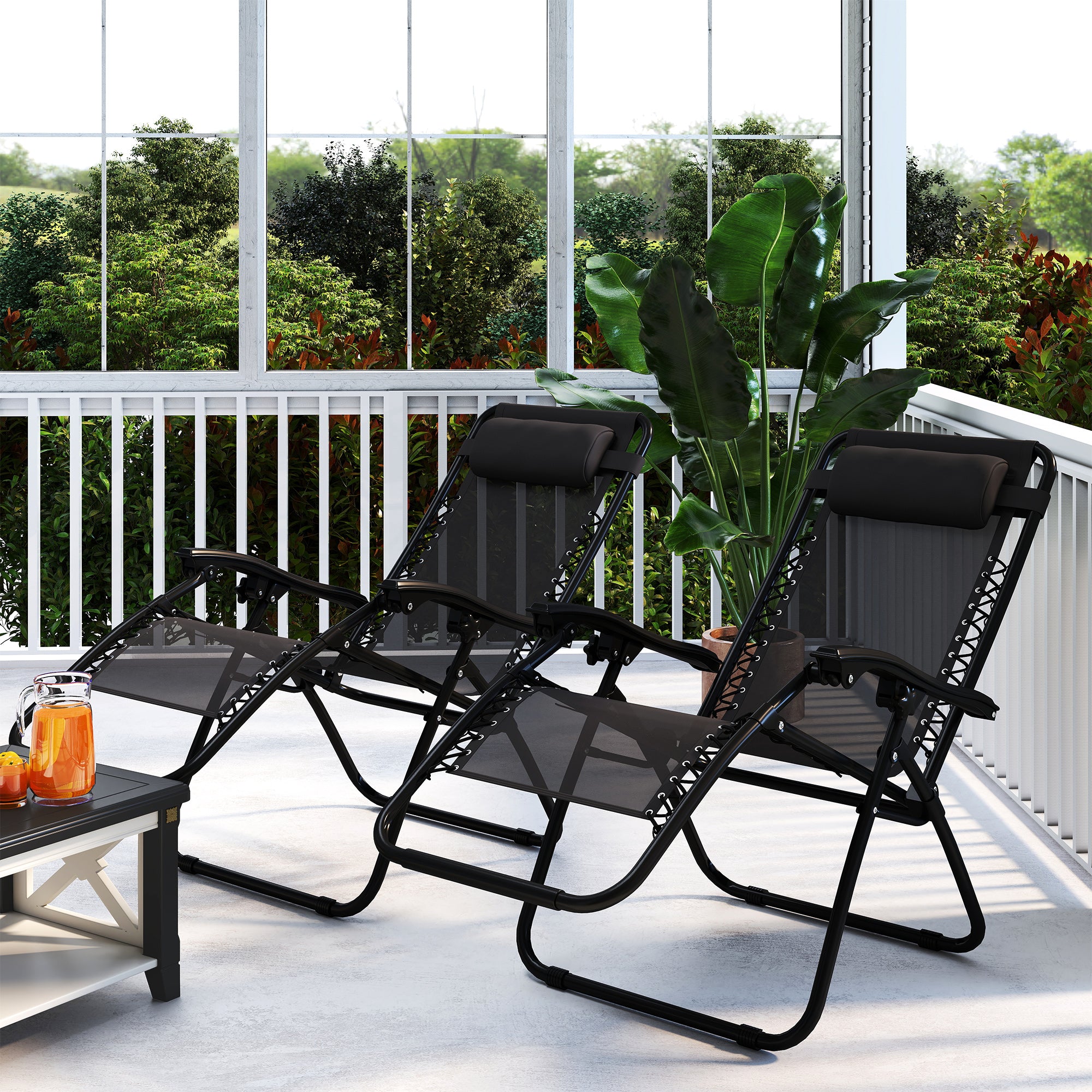 Zero Gravity Chair Set of 2, Metal Frame Texteline Armchair Outdoor Folding and Reclining Sun Lounger with Head Pillow for Patio Decking Gardens Camping, Black