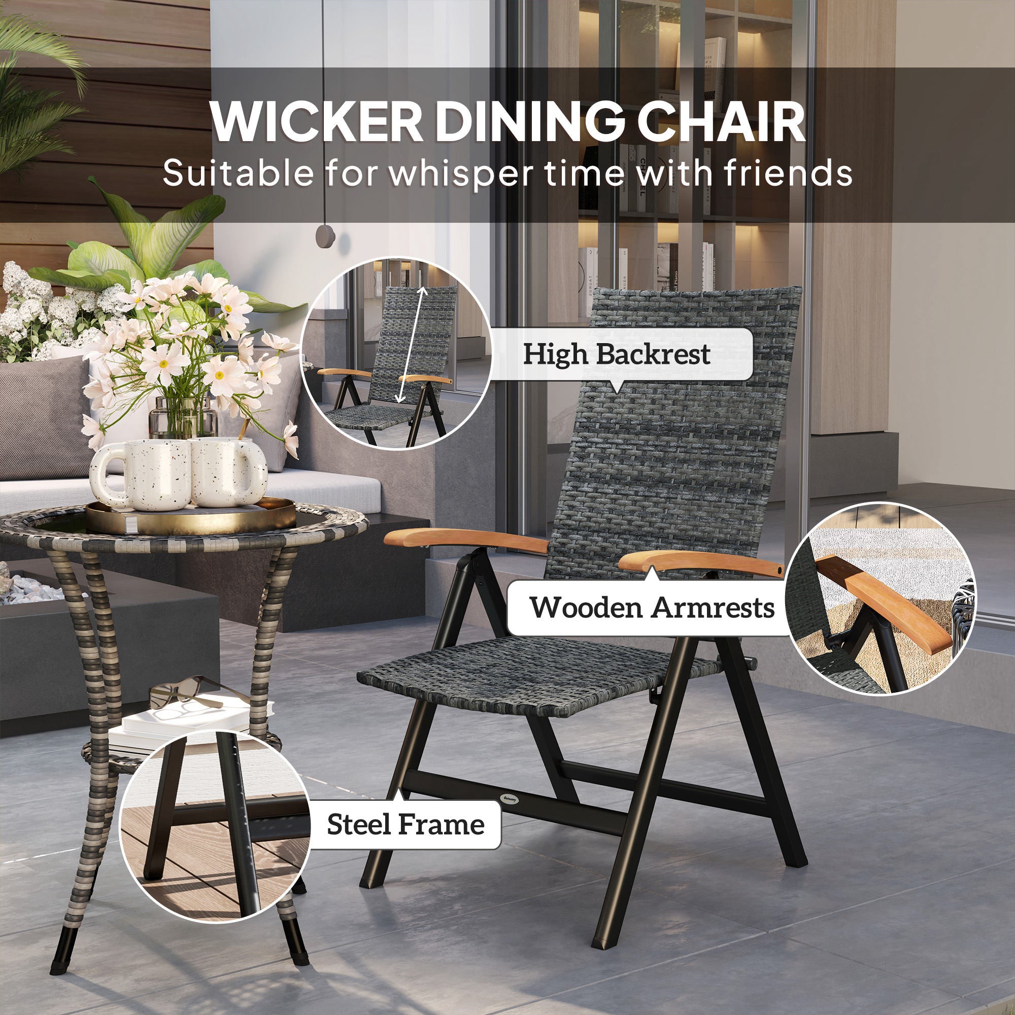 Outdoor Folding Rattan Chair with Armrests, High Backrest, for Garden, Camping, Balcony, Porch - Mixed-grey