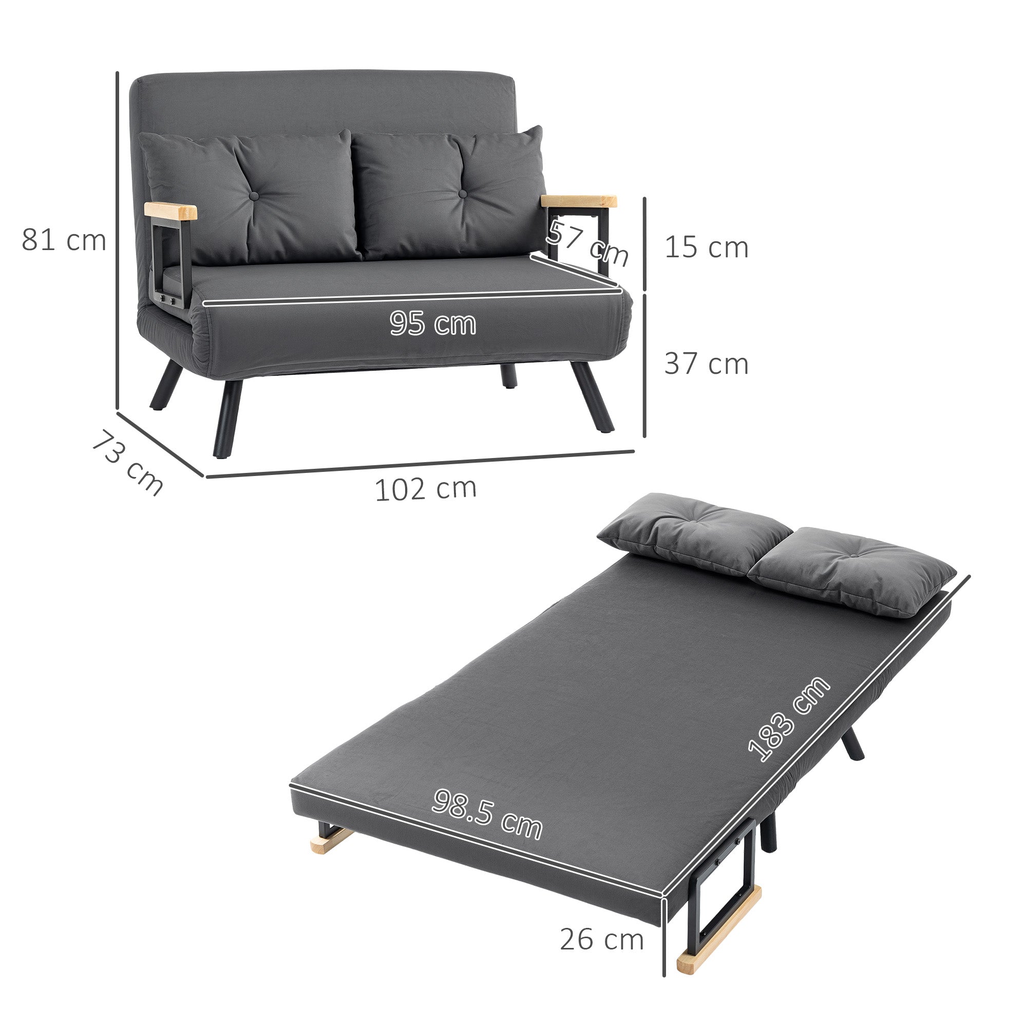 4-in-1 Velvet-Feel Double Sofa Bed with Pillows - Dark Grey