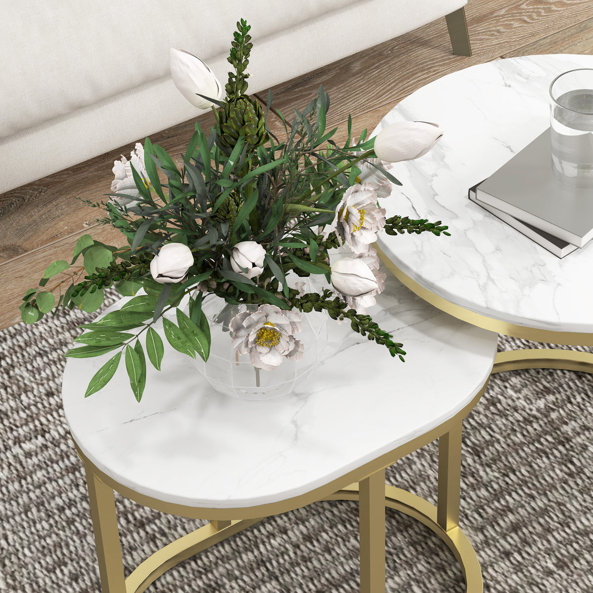 Marble-Effect Nest of 2 Tables with Gold Tone Frame - White