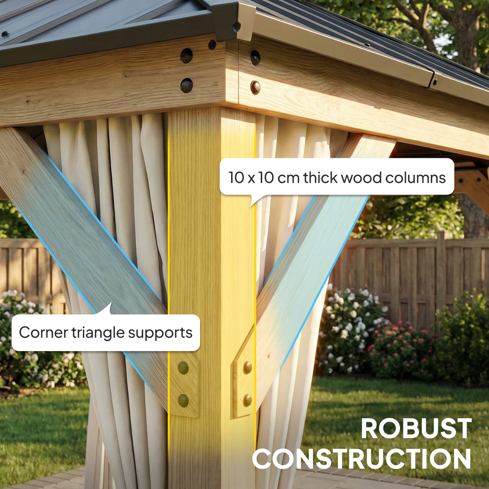 3 x 3 m Outdoor Hardtop Gazebo Canopy with 2-Tier Steel Roof, Wood Garden Gazebo with Curtains, Light Grey