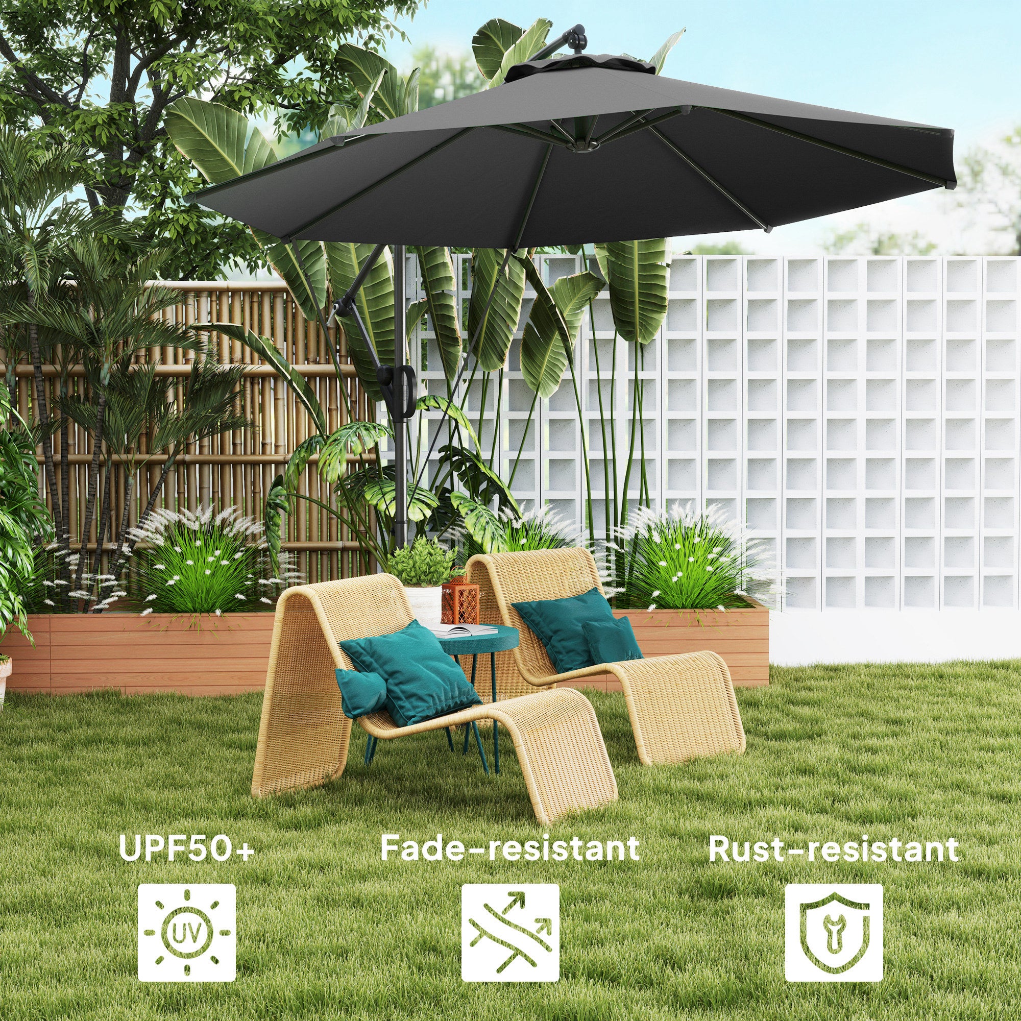 3m Garden Cantilever Parasol with Crank, Tilt, Cover & Wind Strap - Grey