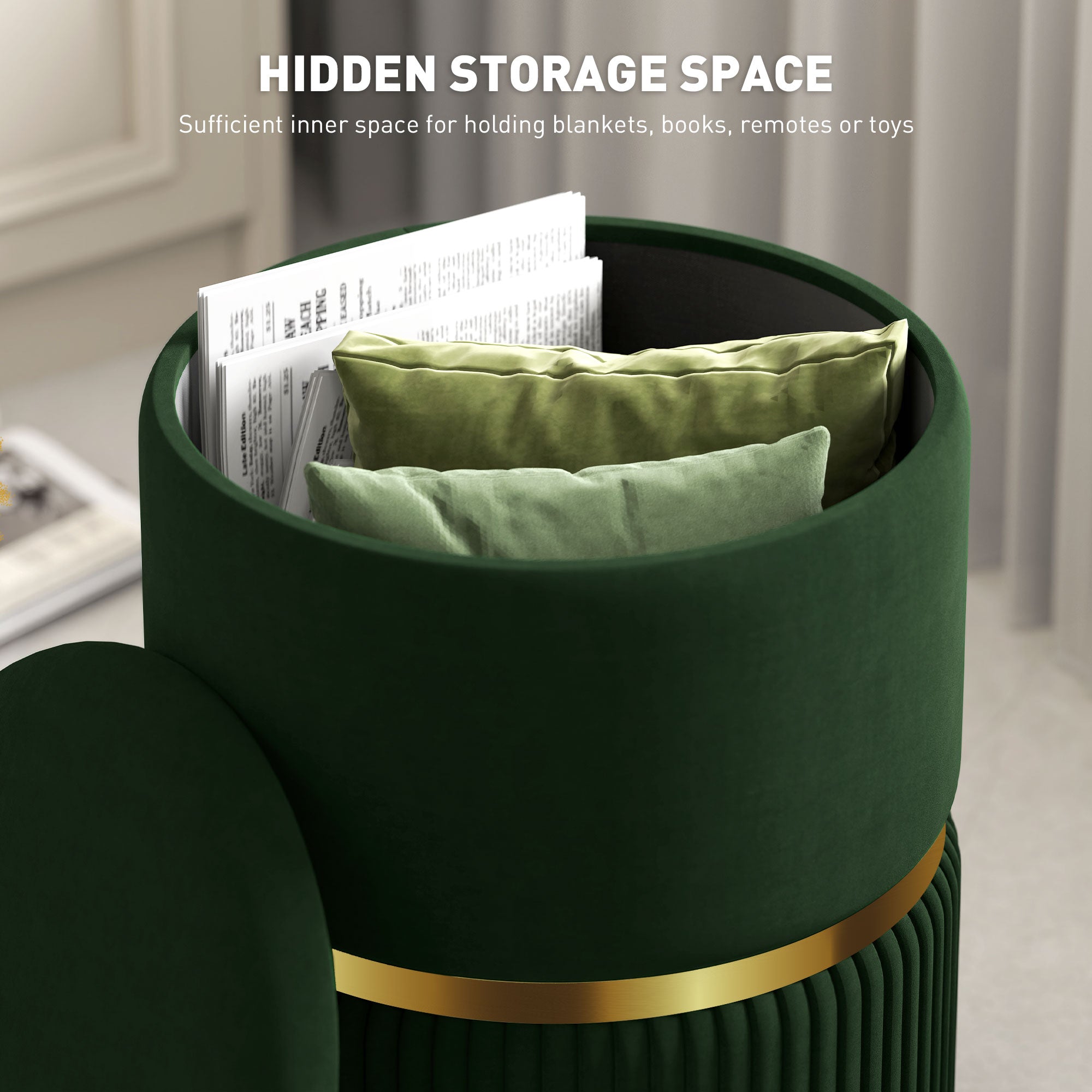 Velvet-Feel Storage Ottoman - Green