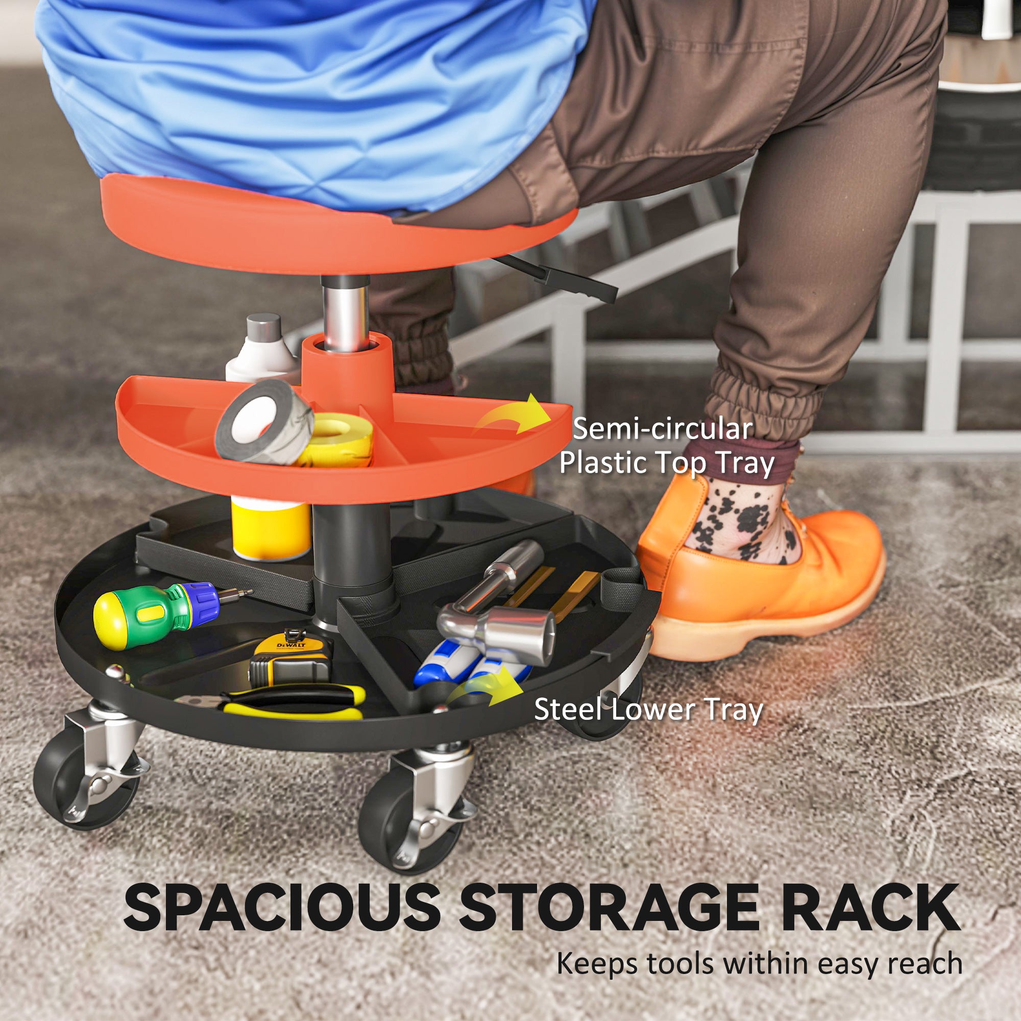 Rolling Mechanic Stool, 135kg Capacity Workshop Stool, 360° Swivel Roller Padded Creeper Seat with Wheels, Tool Trays Storage for Garage, Shop, Auto Repair, Yellow
