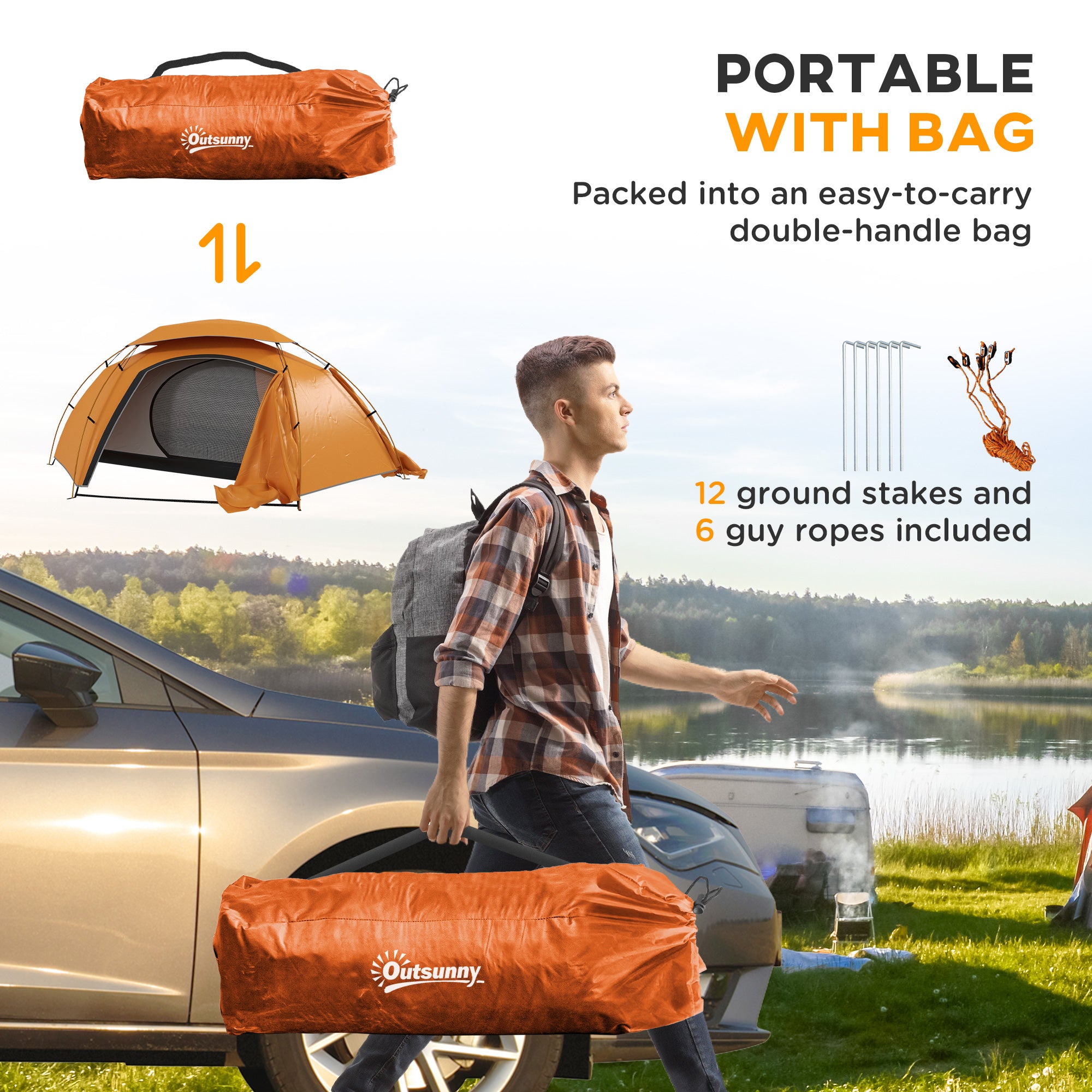 Camping Tent with Self Inflatable Mattress, 1 Person Dome Tent with Removable Rainfly and Aluminium Frame, 2000mm Waterproof, Portable with Bags, for Fishing Hiking, Orange/Khaki