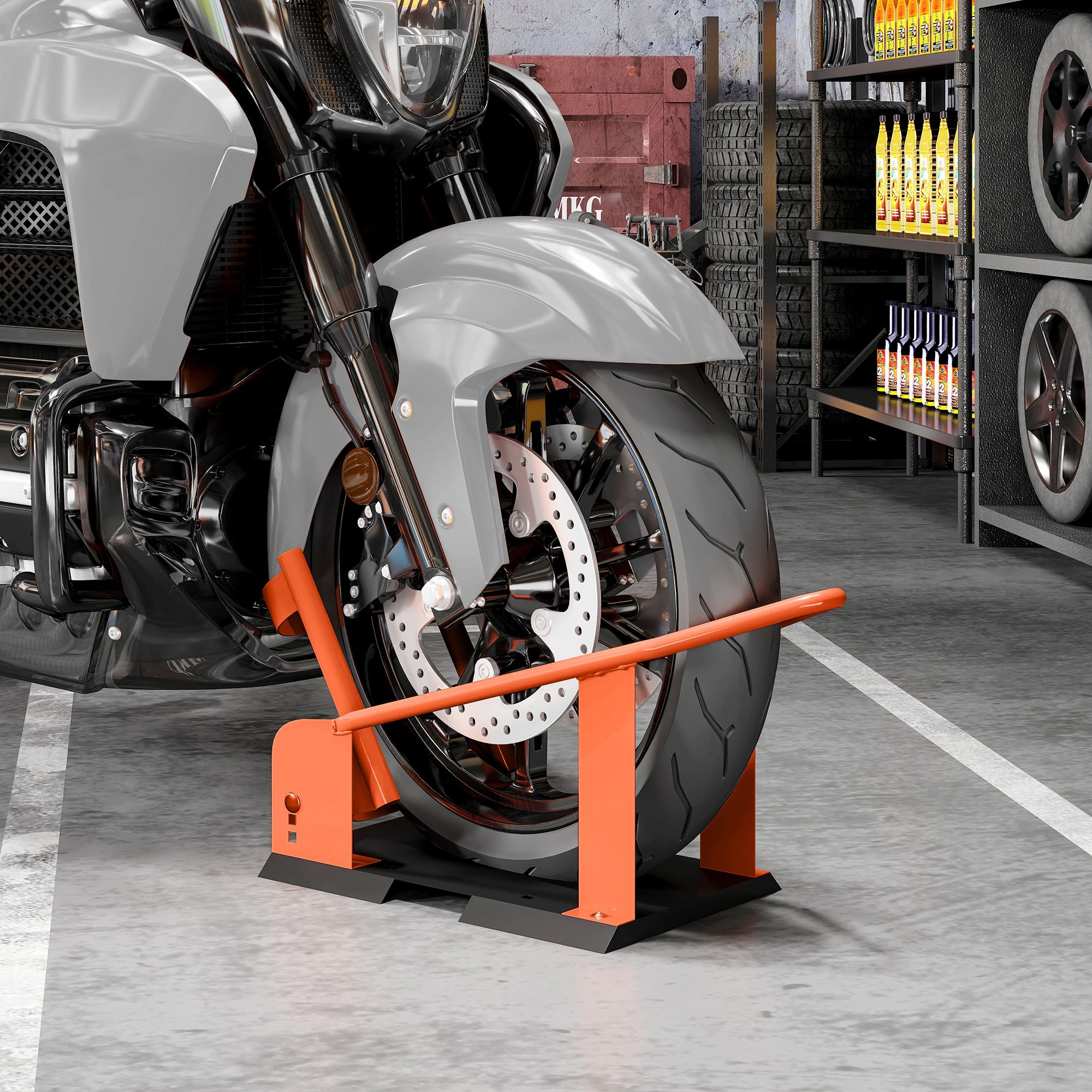 Motorcycle Wheel Chock, 816.5 kg Capacity Heavy Duty Steel Motorcycle Front Wheel Chock Holder with 3 Height Adjustable Holes, Fits 381-533.4 mm Wheels, Orange