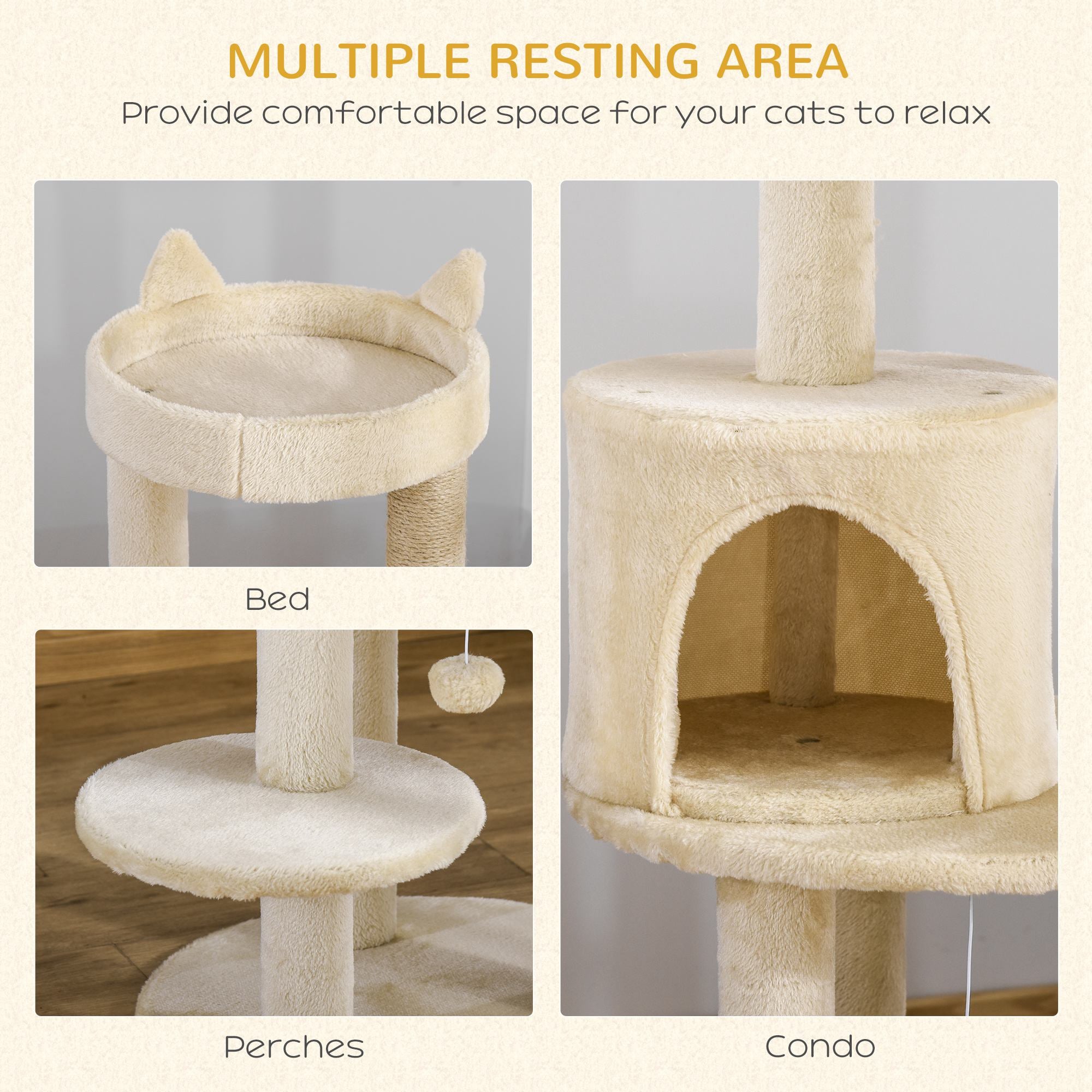 104 cm Cat Tree, Cat Condo Tree Tower, Cat Activity Centre with Scratching Posts, Plush Perch, Hanging Ball - Cream White