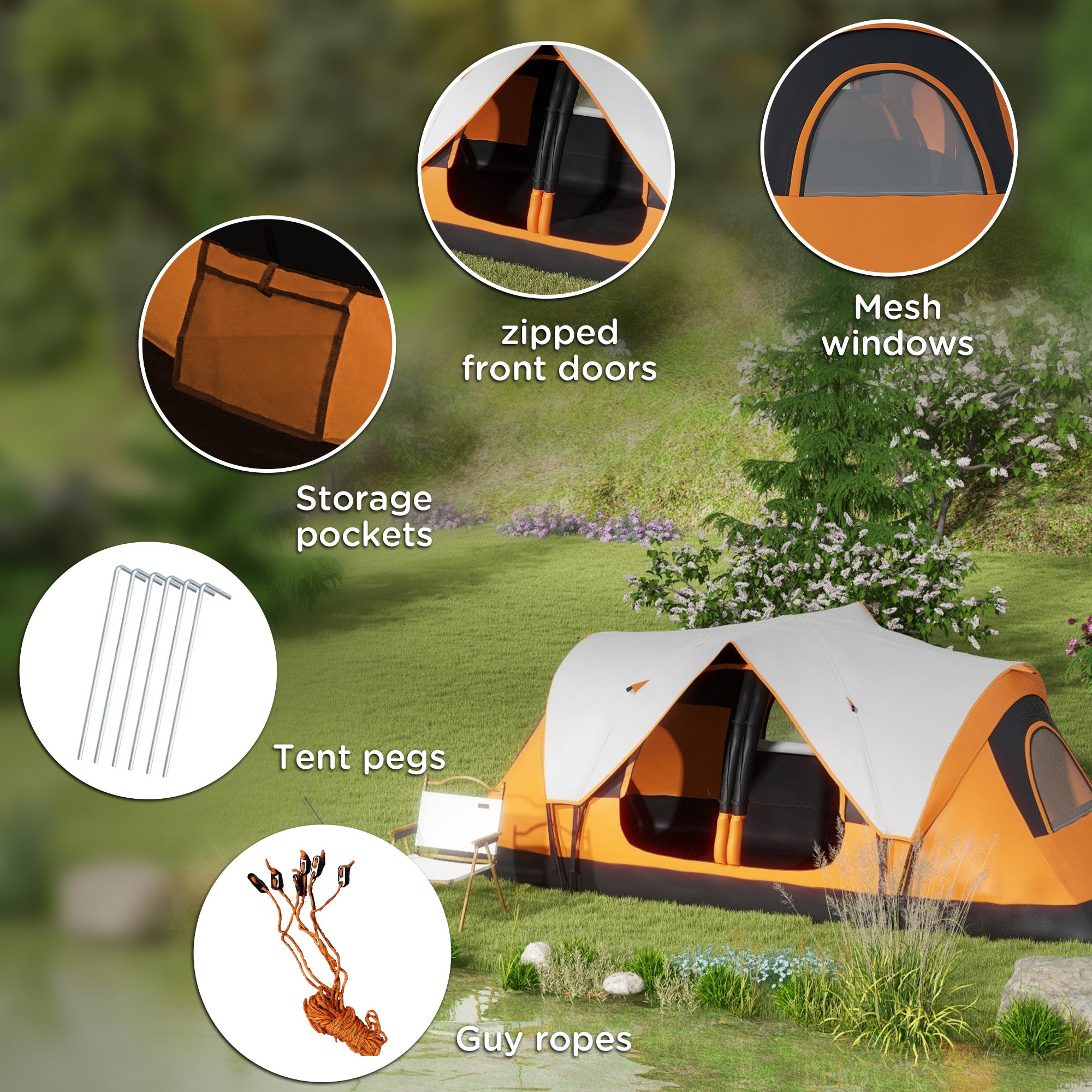 Six-Man Camping Tent with Two Rooms and Rainfly – Orange