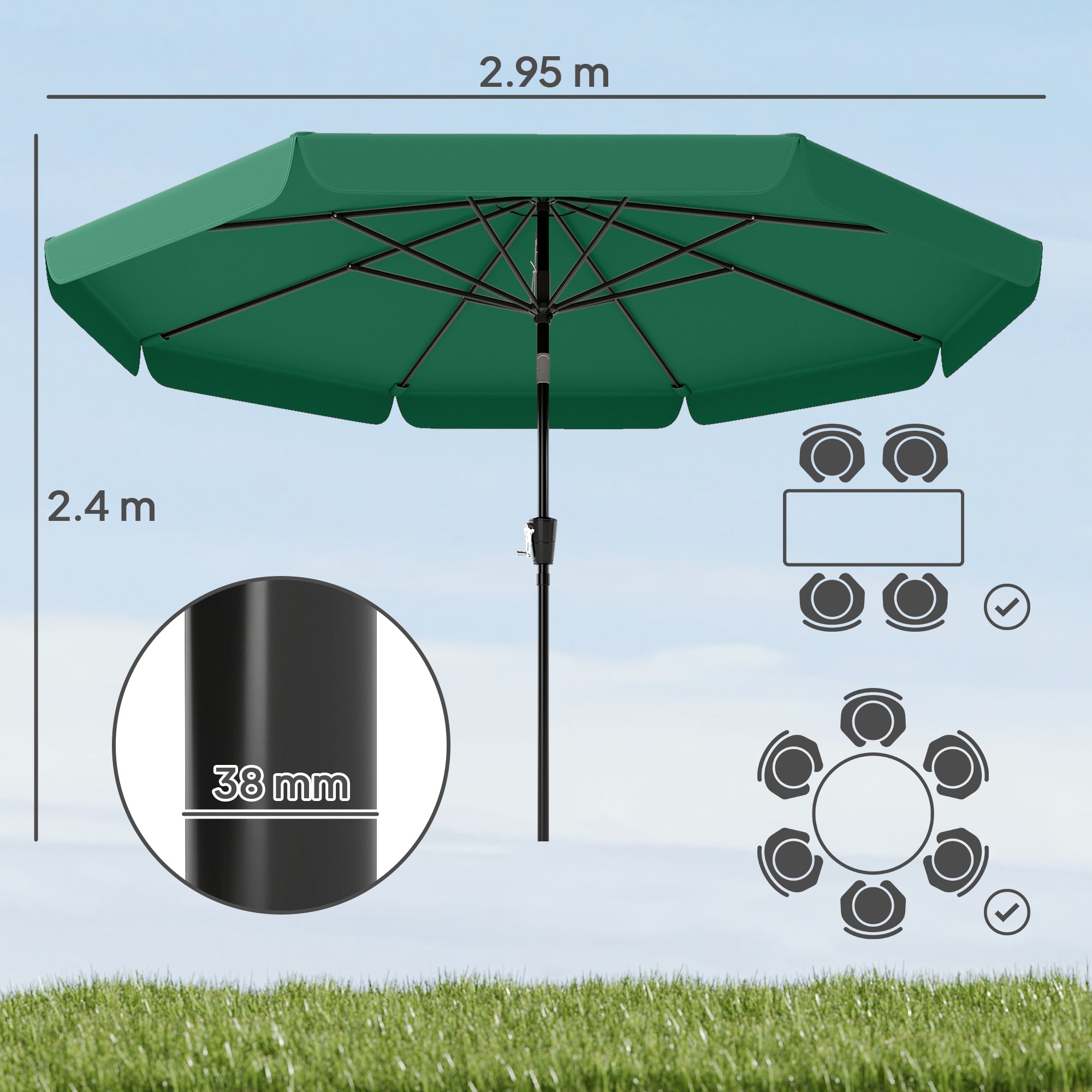 3 m Garden Parasol with Tilt Mechanism & Crank Handle, UPF 30+ Patio Umbrella Outdoor Table Umbrella, Green