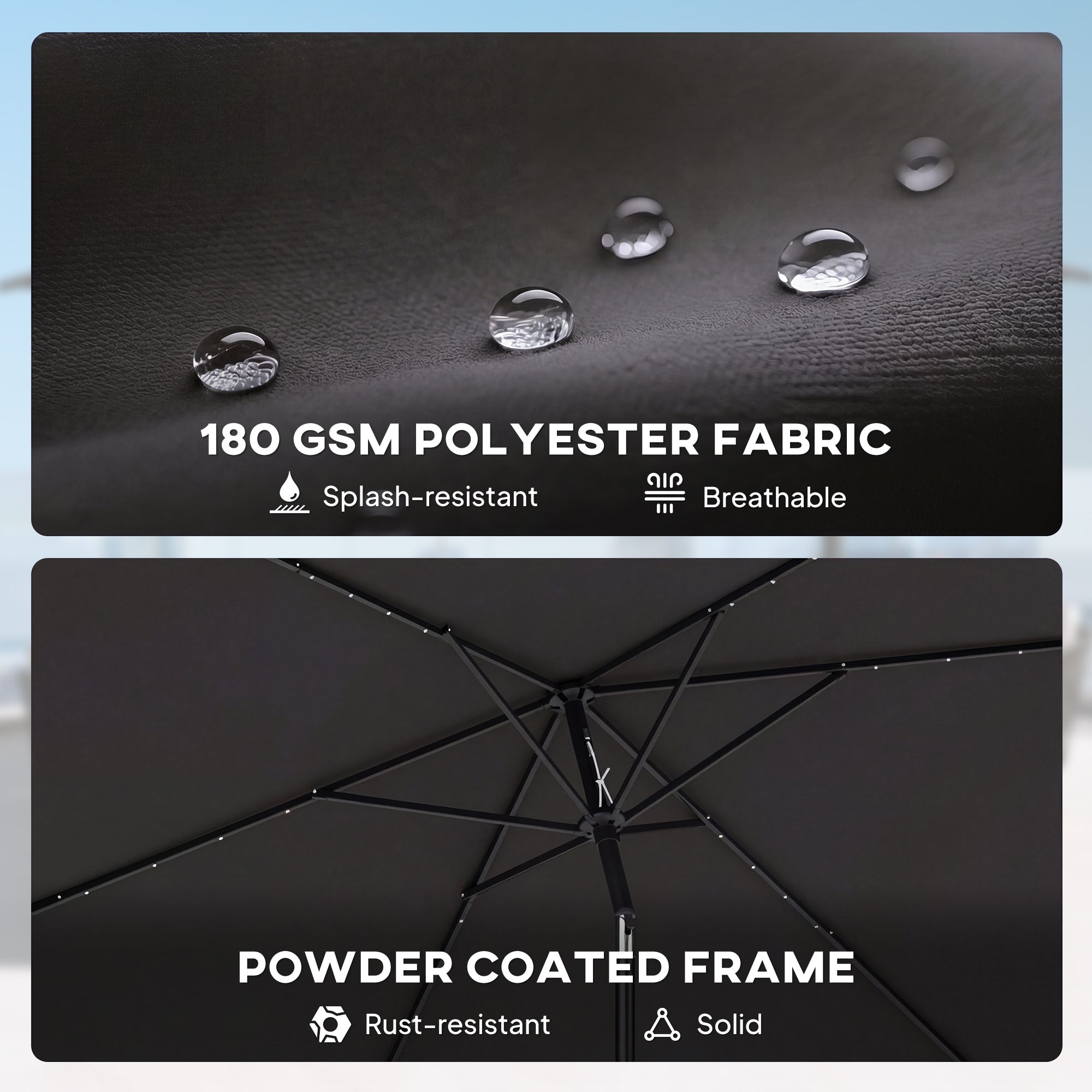 3 x 2 m Garden Parasol Umbrella with LED Solar Light, Parasol Cover, Outdoor Market Patio Umbrella, Black
