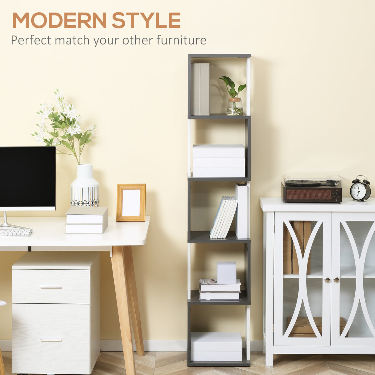 Modern 5-Tier Freestanding Bookshelf Storage Shelving for Living Room Home Office - White and Dark Grey