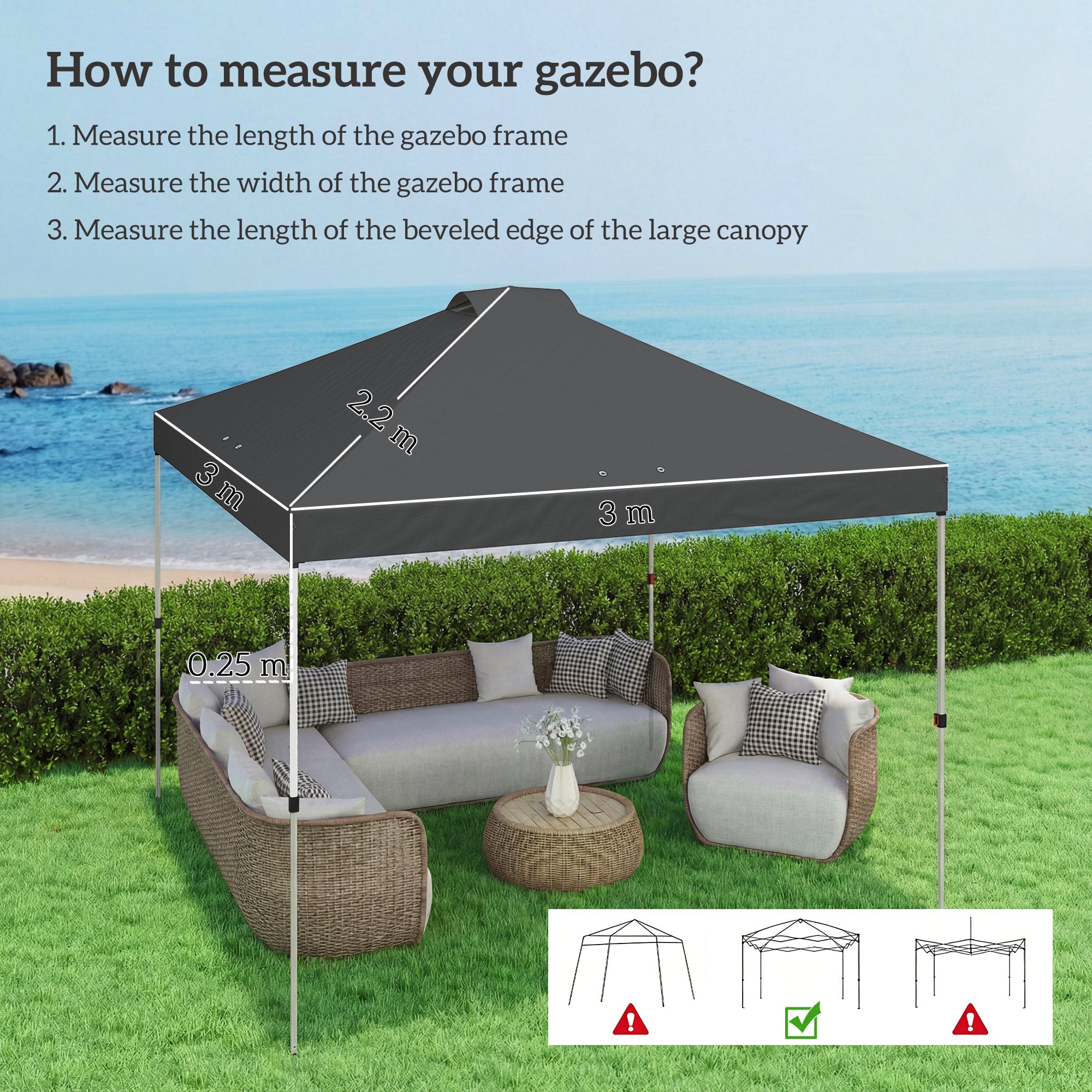 Gazebo Roof Replacement UV50+ Waterproof Pop Up Canopy Cover with 8 Drainage Holes 3 x 3 m Dark Grey