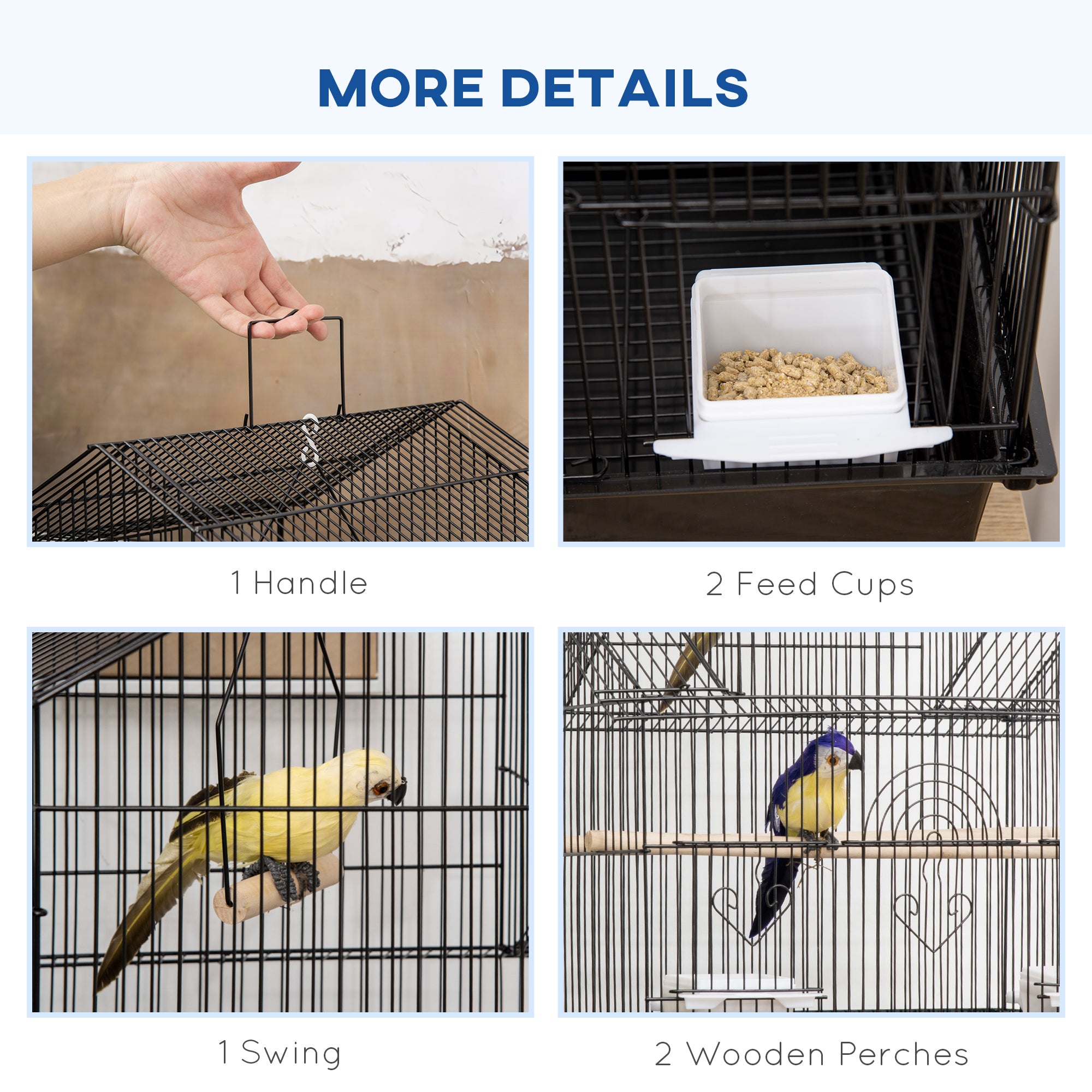 Metal Bird Cage with Plastic Swing, Perch, Food Container, Tray, Handle, for Finches, Canaries, Budgies, 50.5 x 40 x 63cm