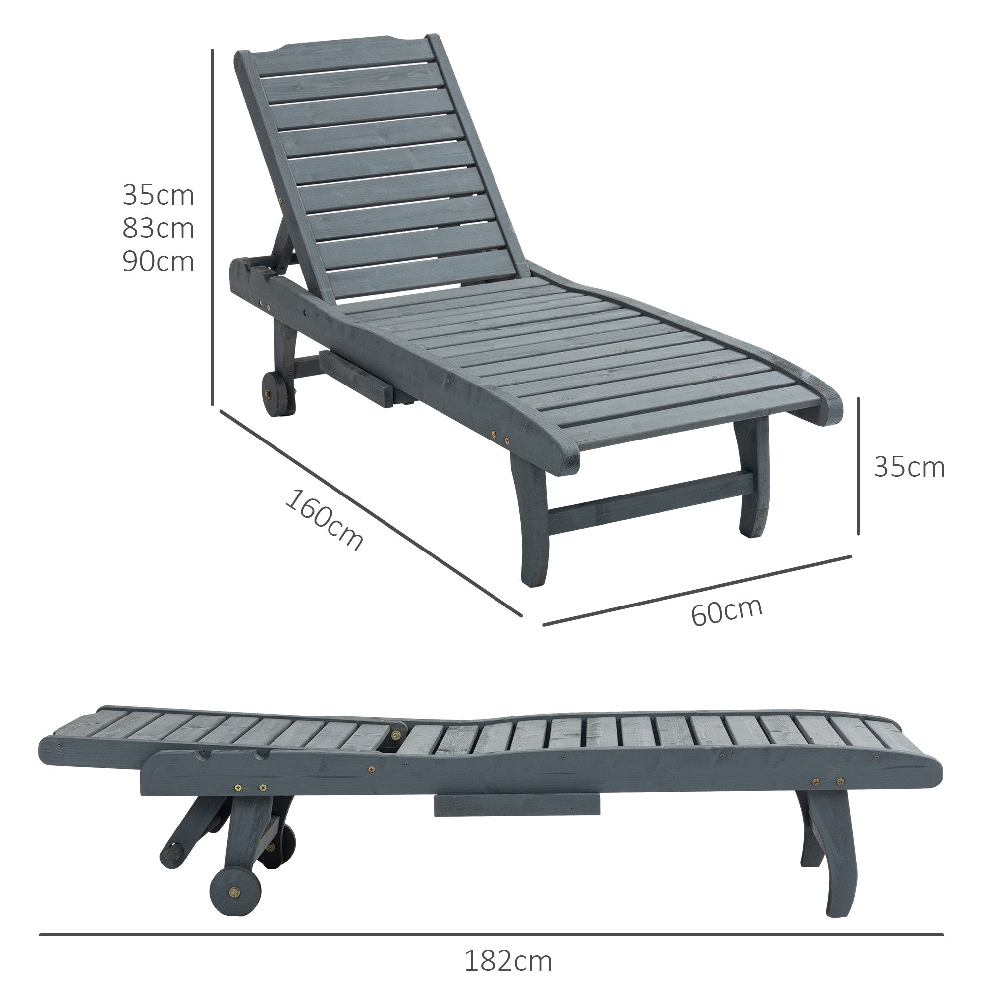 Garden Patio Sun Lounger, Outdoor Wooden Sun Bed with Built-In Table, Reclining Backrest and Rolling Wheels for Sunbathing, Grey